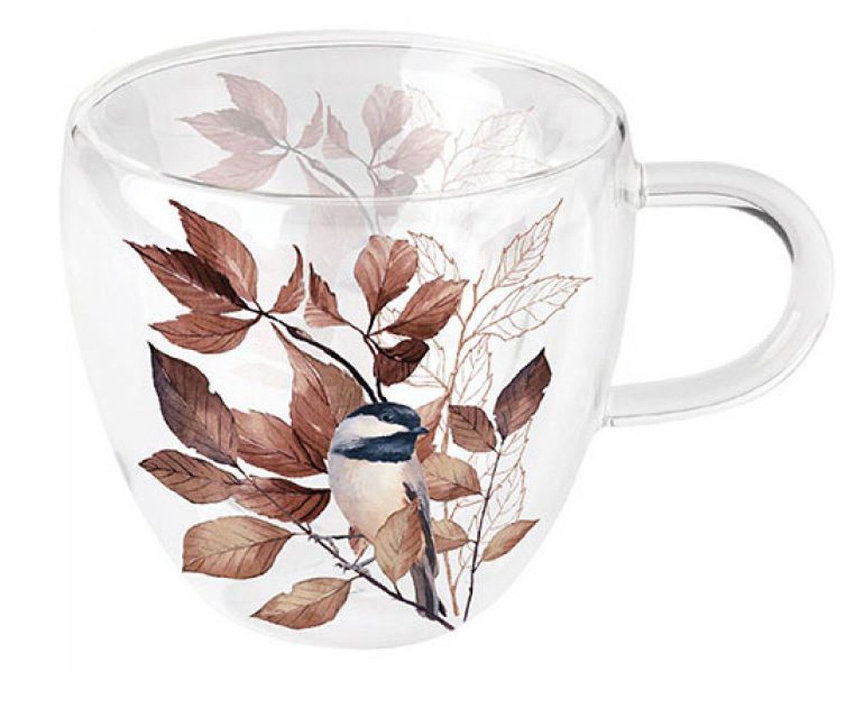 Ambiente Luxury Paper Products Tasse Doppelwandige Glas Tasse Teetasse Lovely Chickadee 10x9,5 cm