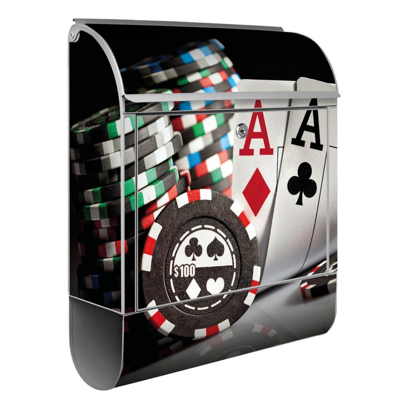 banjado Wandbriefkasten Stahl Poker (Wandbriefkasten 39 x 47 mit x silberfarben 14cm pulverbeschichtet, witterungsbeständig, Zeitungsfach)