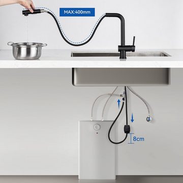AuraLum pro Küchenarmatur Schwarz Niederdruck Ausziehbar Spültischarmatur Edelstahl Wasserhahn (Set, Mischbatterie)