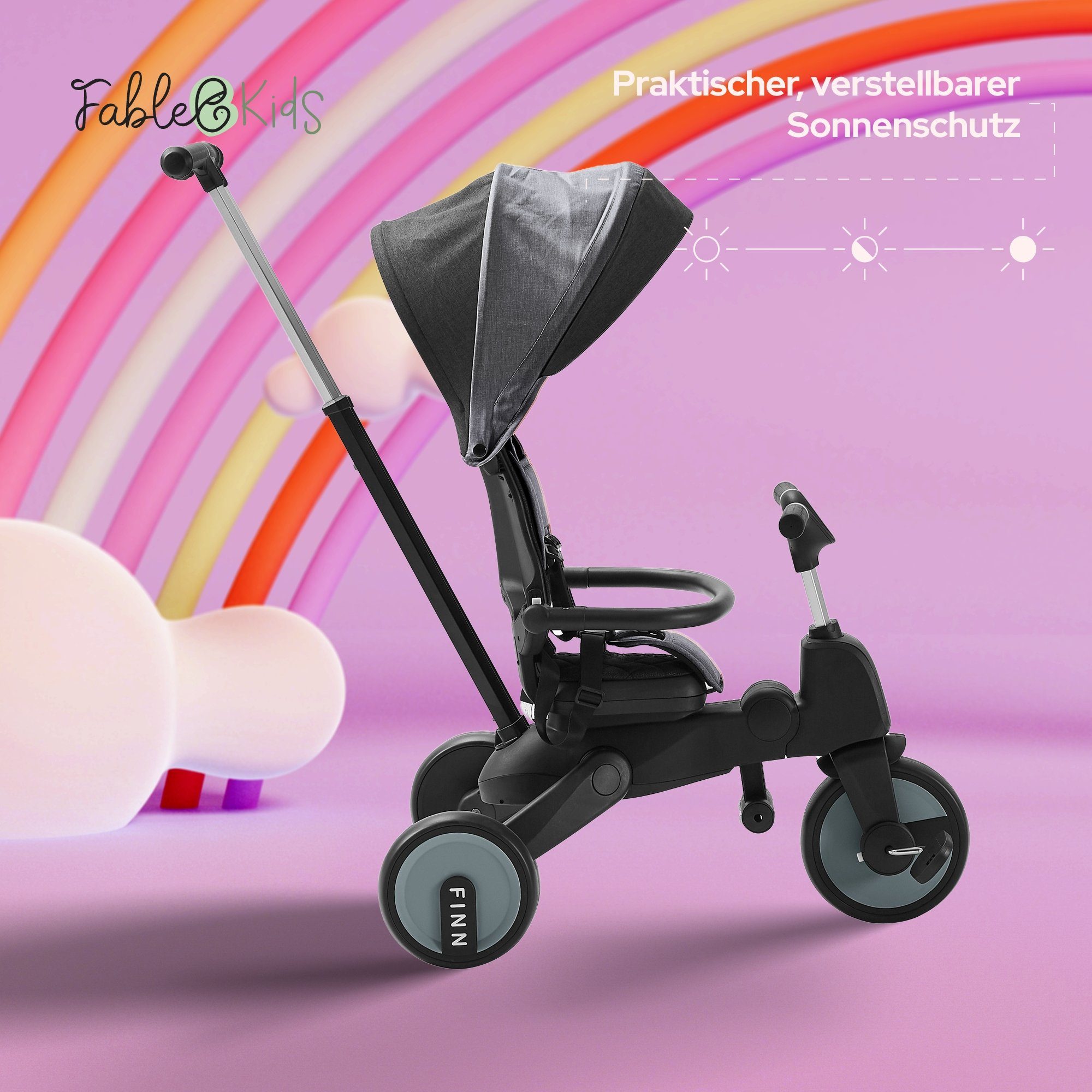 FableKids Dreirad FİNN 7in1 Kinderdreirad Kinder Fahrrad Baby Kinderwagen, ab 18 Monaten, Elternlenkung, Verdeck, 360° Sitz