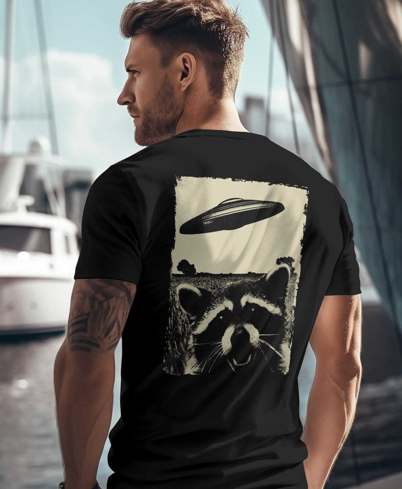 Neverless Print-Shirt Herren T-Shirt UFO Waschbär Aliens Fotodruck Printshirt Backprint mit Print