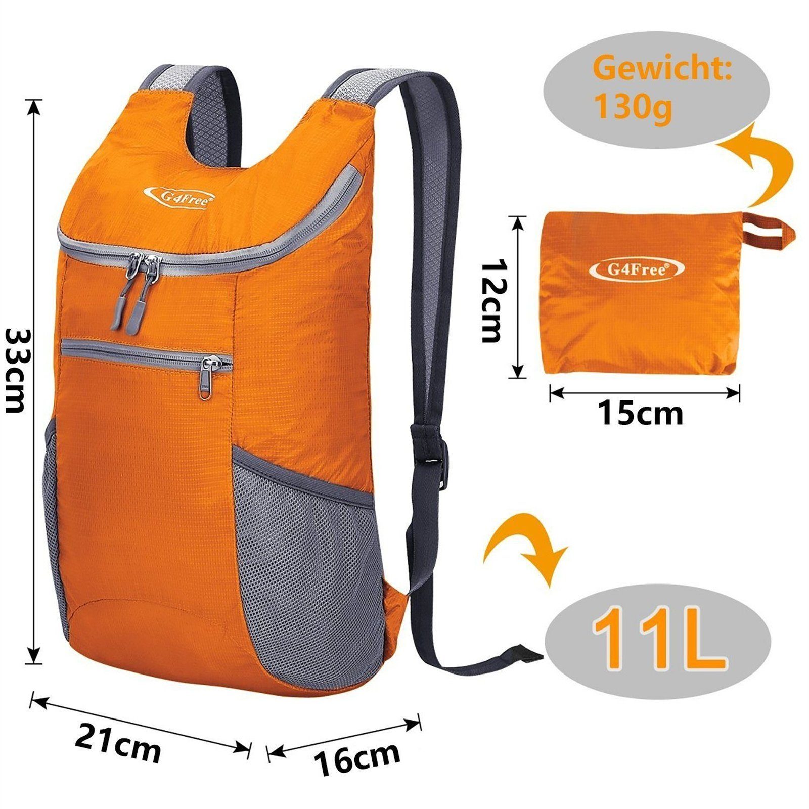 G4Free Wanderrucksack, Kleiner Rucksack Wanderrucksack 11 L, Backpack Orange