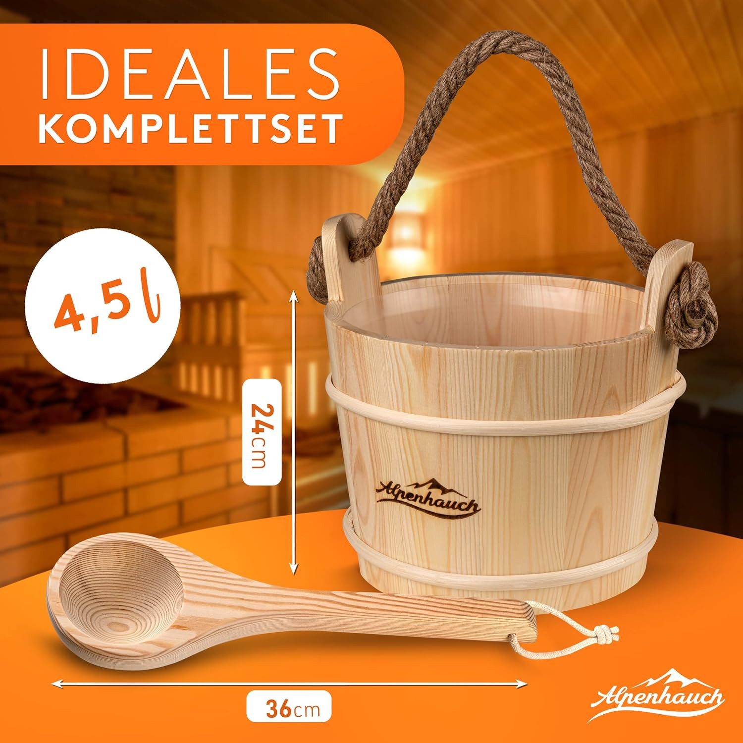 Alpenhauch Aufgusskübel mit Kelle [100% Naturholz] - in 2 Ausführungen mit, 4,50 l, Hanftragseil, langlebig, hitzebeständig, inkl. Sauna-Büchlein