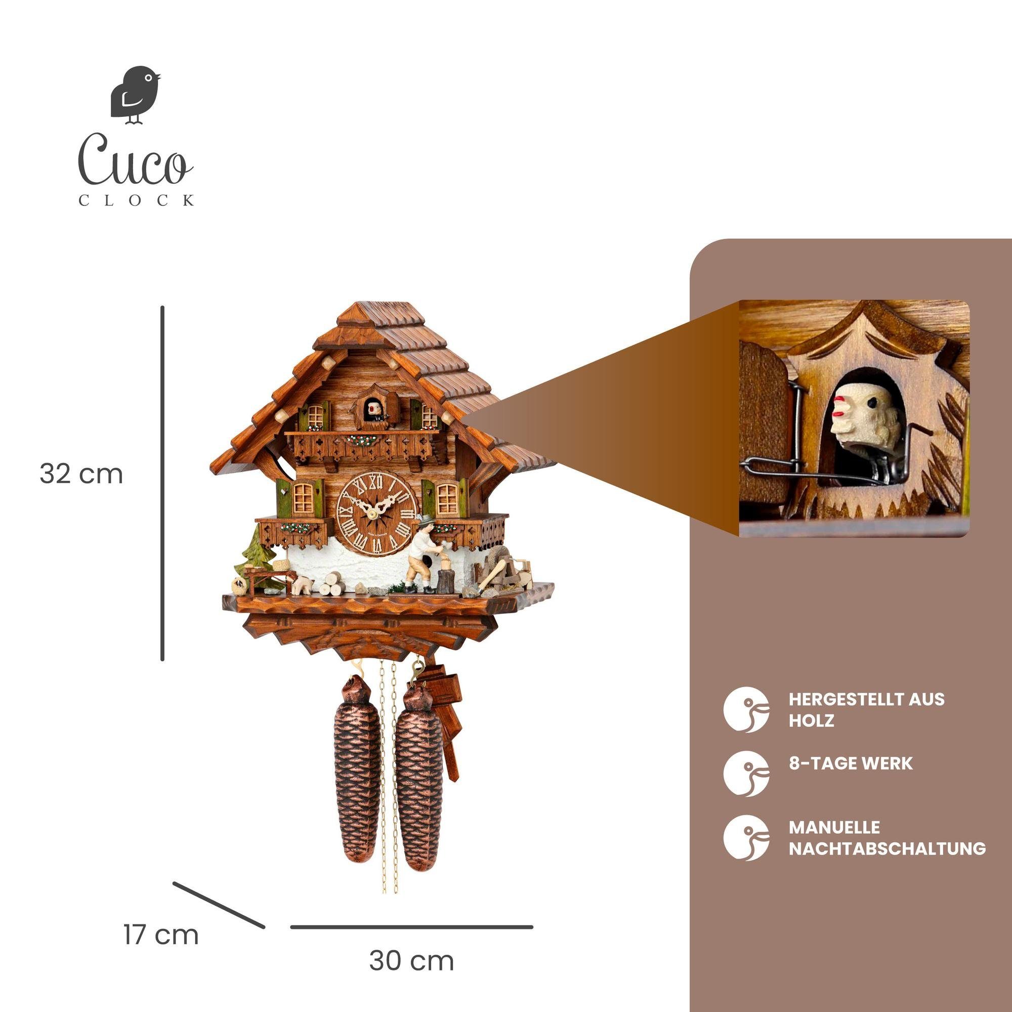 Cuco Clock Pendelwanduhr Kuckucksuhr Schwarzwalduhr "Holzhacker" mit Hund Wanduhr aus Holz (17 x 30 x 32cm, 8 - Tage Werk, manuelle Nachtabschaltung)
