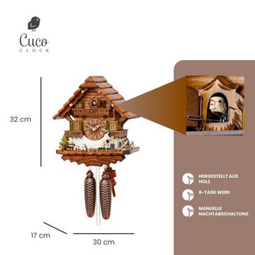 Cuco Clock Pendelwanduhr Kuckucksuhr Schwarzwalduhr "Holzhacker" mit Hund Wanduhr aus Holz (17 x 30 x 32cm, 8 - Tage Werk, manuelle Nachtabschaltung)
