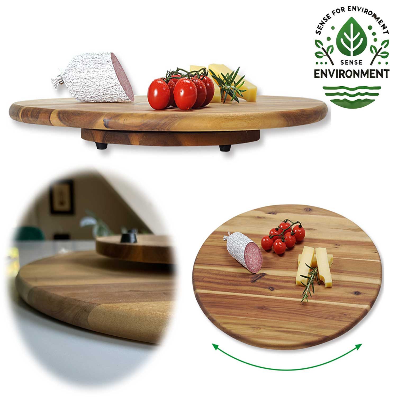 LS-LebenStil Servierplatte Nachhaltige Holz Drehplatte 37cm Premium Akazie Kugellager, Holz, (Drehteller Drehtablett Servierplatte Servierteller Serviertablett, 1-tlg., Tortenplatte drehbar), Pizzateller Vesperbrett Käsebrett Tablett Drehkabinett Kuchen