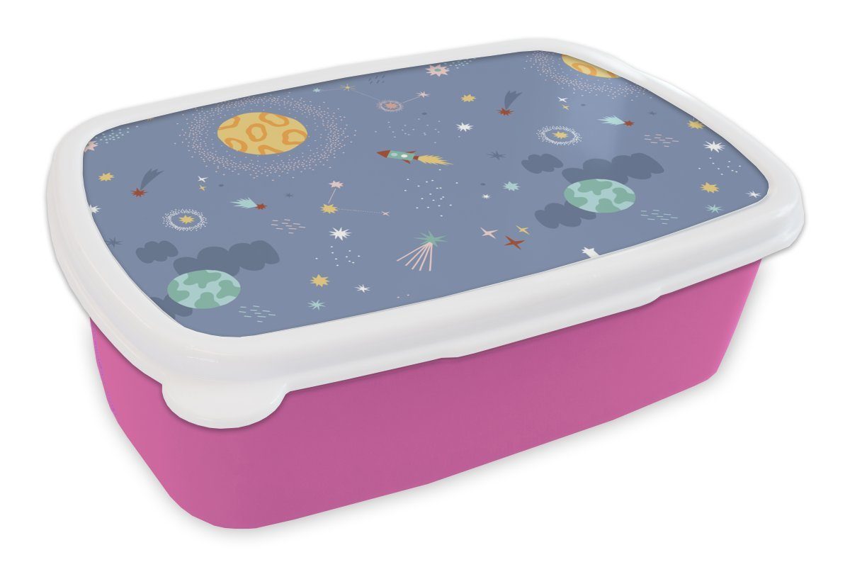 MuchoWow Lunchbox Muster - Jungen - Kinder - Raumfahrt, Kunststoff, (2-tlg), Brotbox für Erwachsene, Brotdose Kinder, Snackbox, Mädchen, Kunststoff rosa