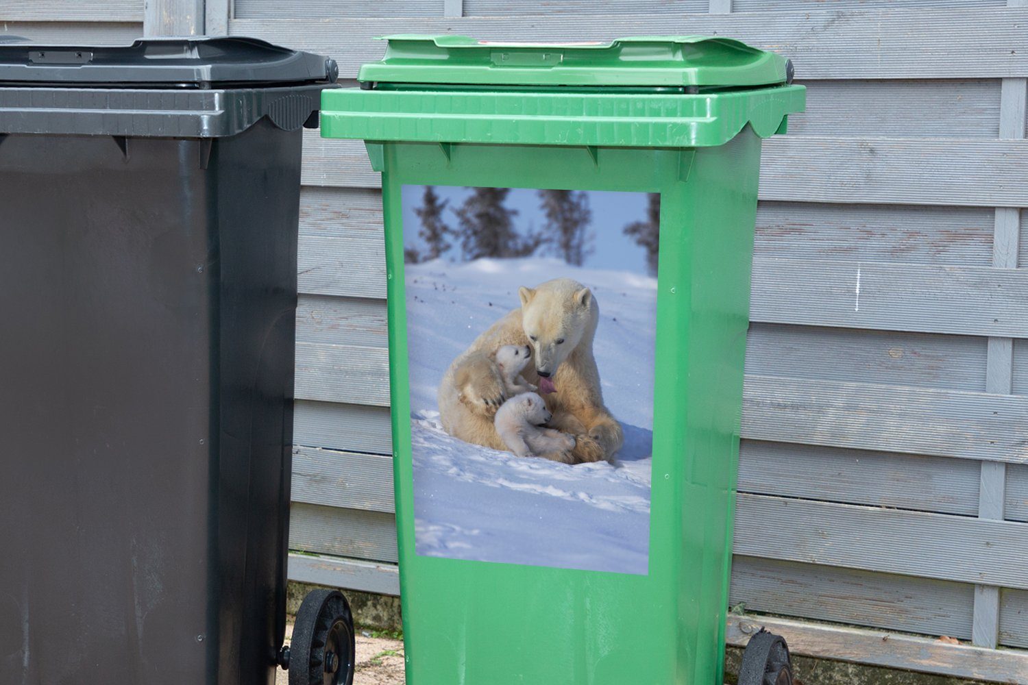 (1 St), Wandsticker Eisbären Mülltonne, Schnee - Abfalbehälter - MuchoWow Sticker, Container, Mülleimer-aufkleber, Weiß
