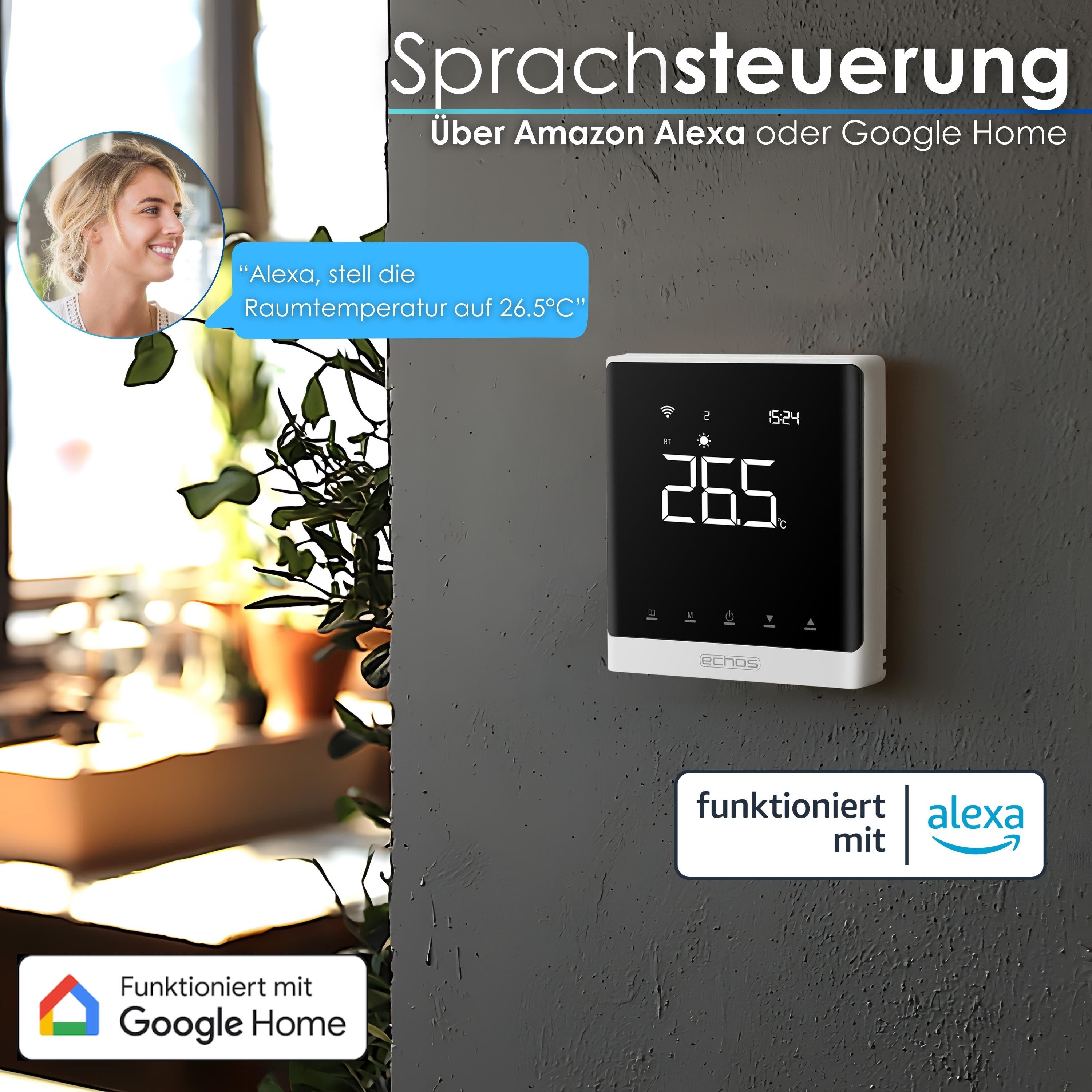 echos Room Thermostat WiFi Wall Thermostat Eco-4180, electronic, dimmable display, touch buttons, Smart Life app control, voice control