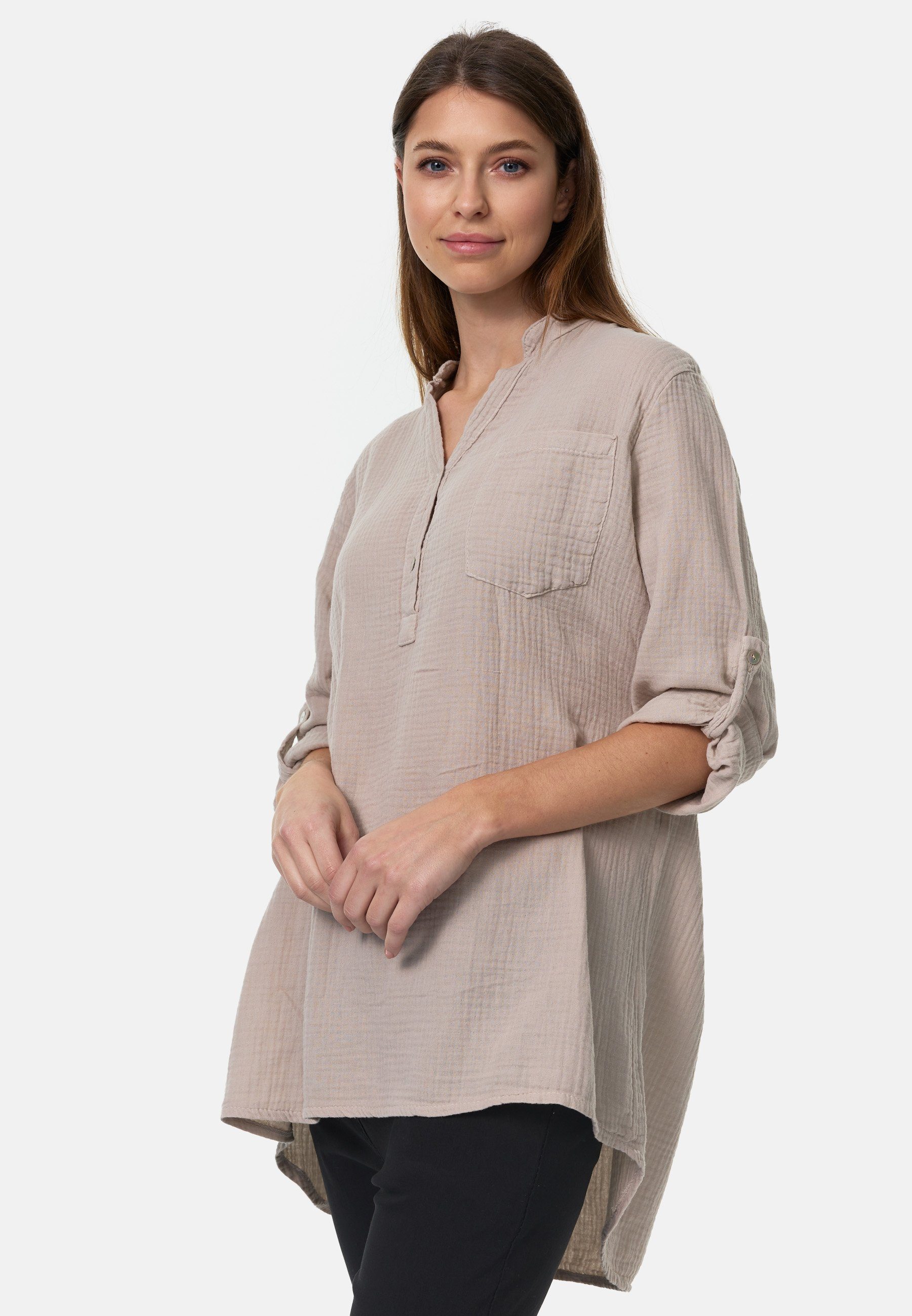 Rayshyne Longbluse PM-17 (Sommerliche Musselin Tunika Bluse mit Tasche in Einheitsgröße)