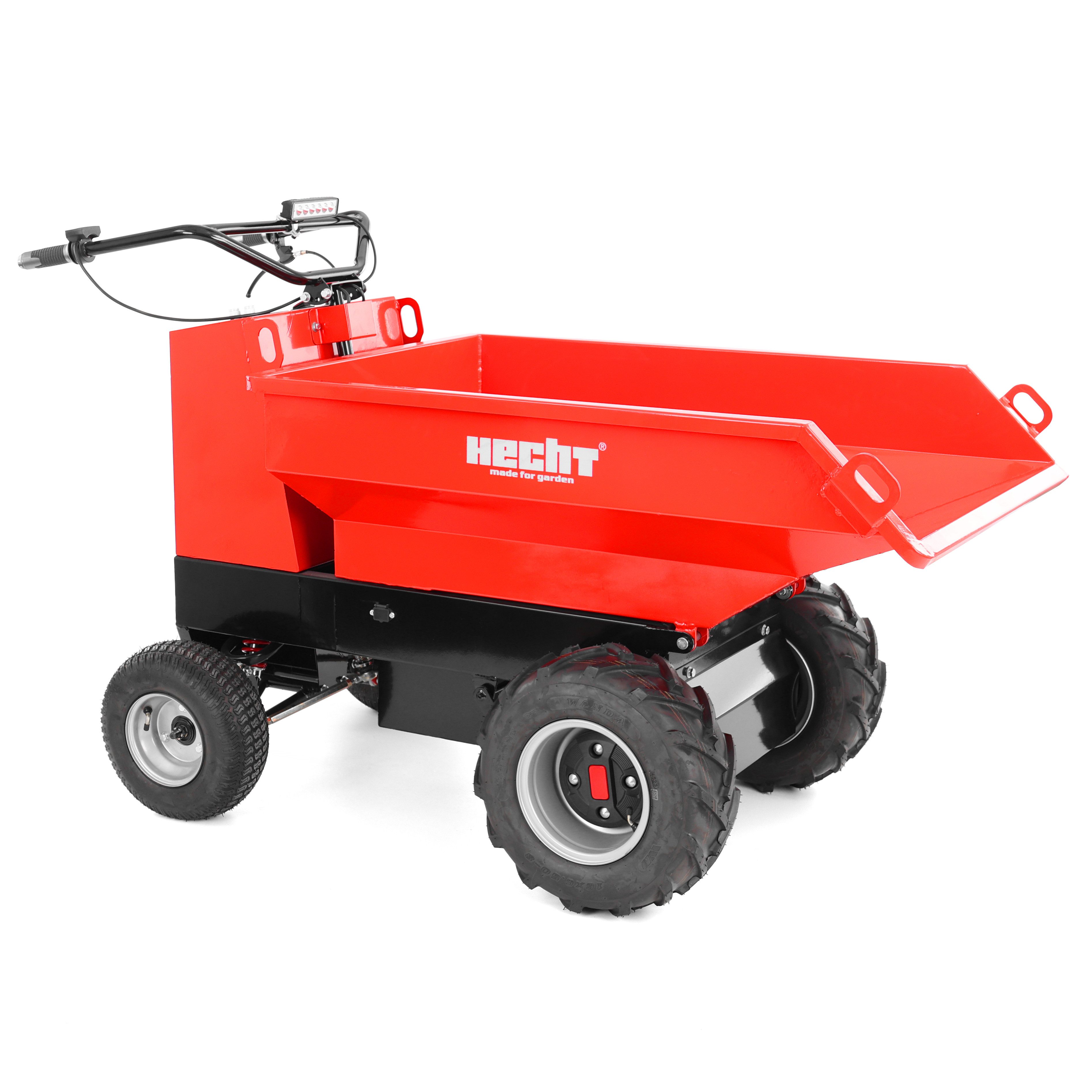 Hecht Dumper Akku Motorschubkarre 2625, Elektrohydraulische Kippung, bis 500kg, 48V, 3 - 6 km/h, 1000W, 112 × 68 × 36 cm Stahlmulde