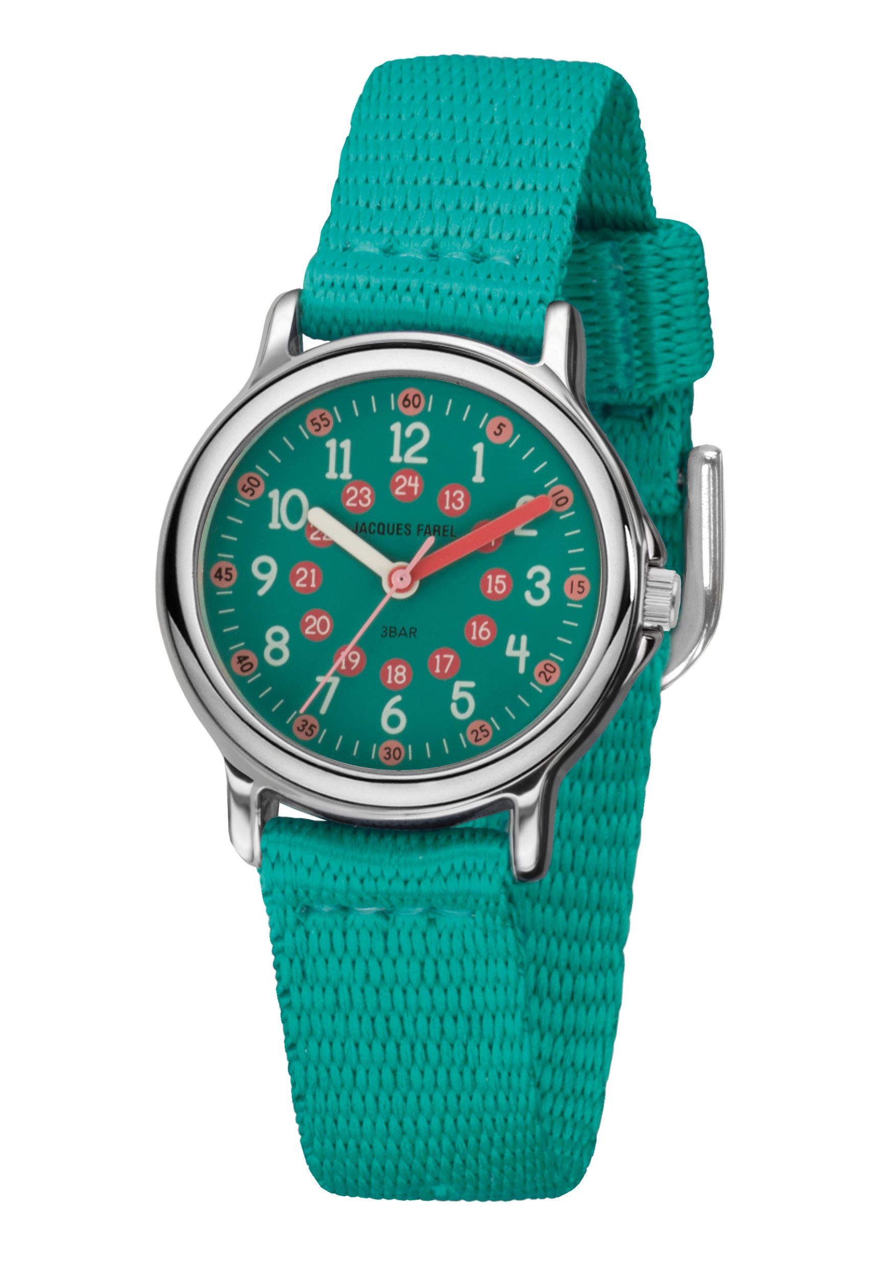 Jacques Farel Quarzuhr KCF Kinder Armbanduhr Textilband, analog Kinderuhr Lernuhr deutlich Schulanfang Geschenkidee Ø 28 mm