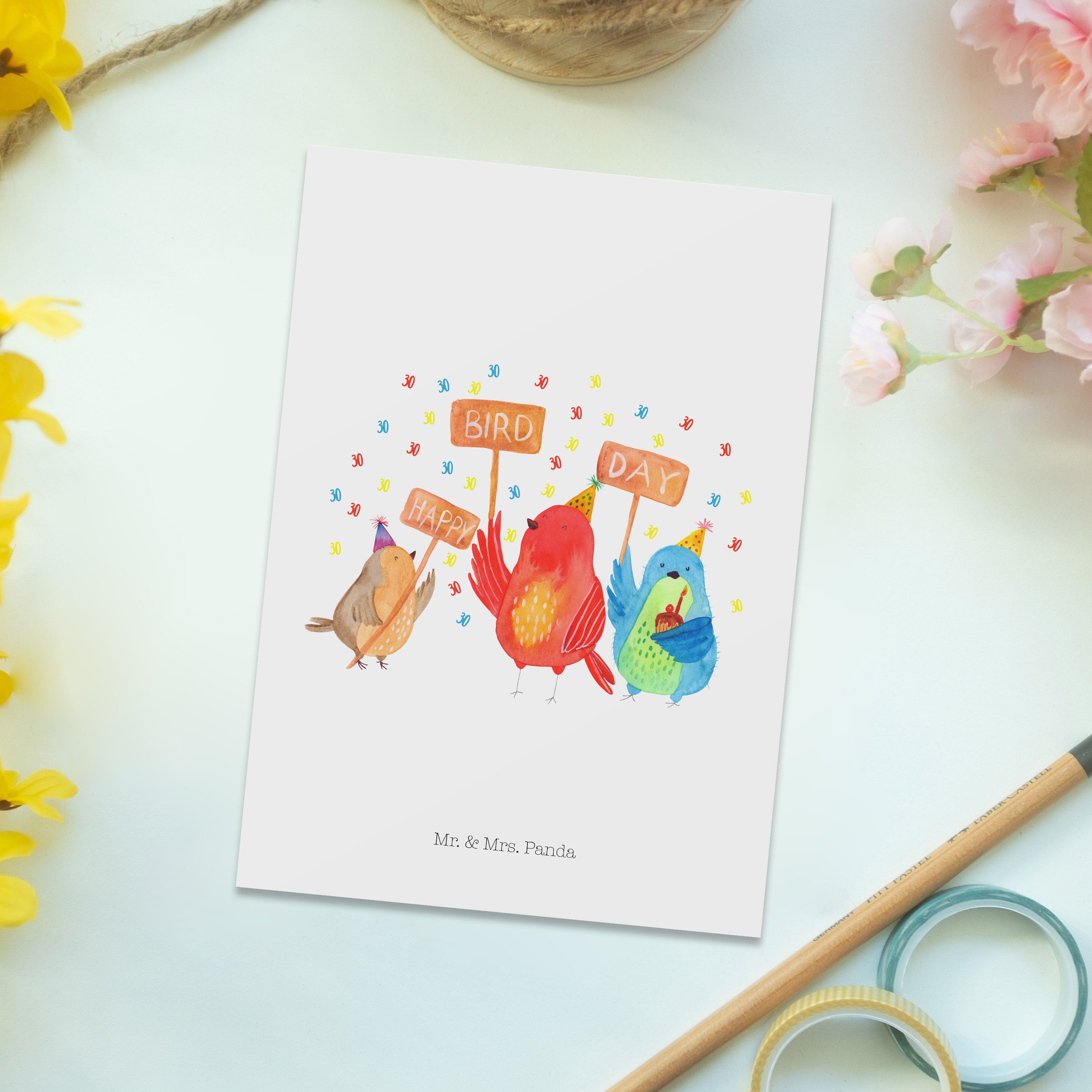 Mr. & Mrs. Panda Postkarte f Weiß Geburtstag Geschenk, - Day 30. Bird Happy - Grußkarte, Feiern