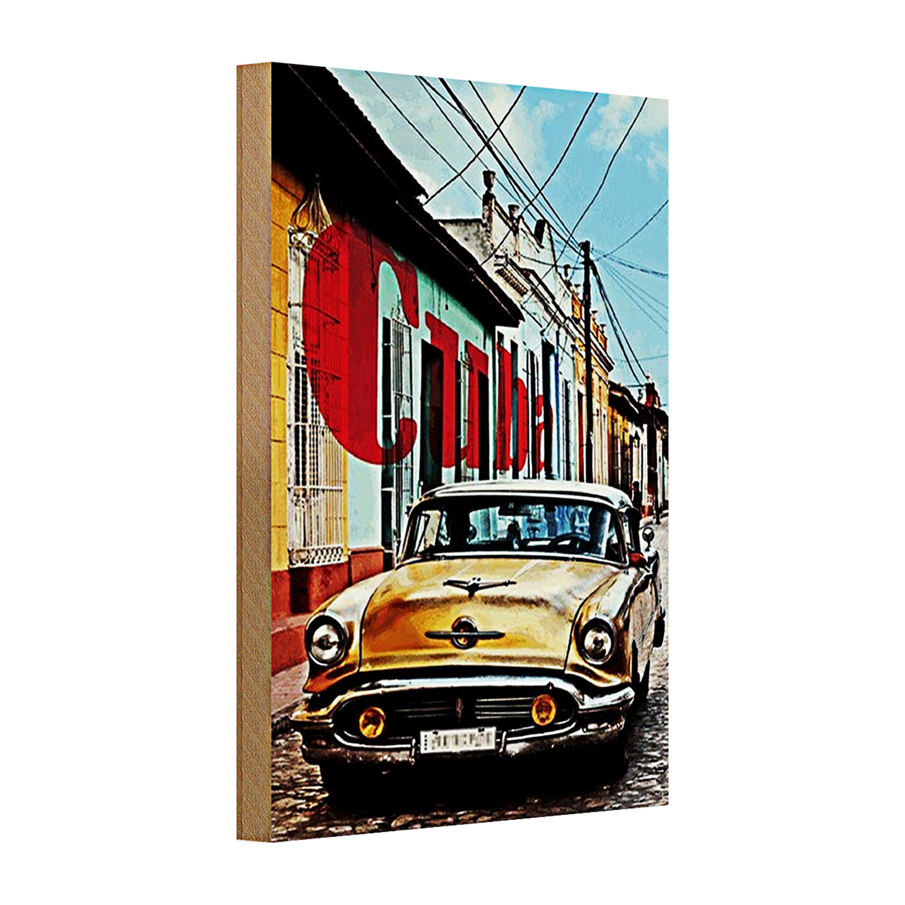 Roomando Holzbild Spruch 20x30cm Kuba altes gelbes Auto Oldtimer in Gasse bunt