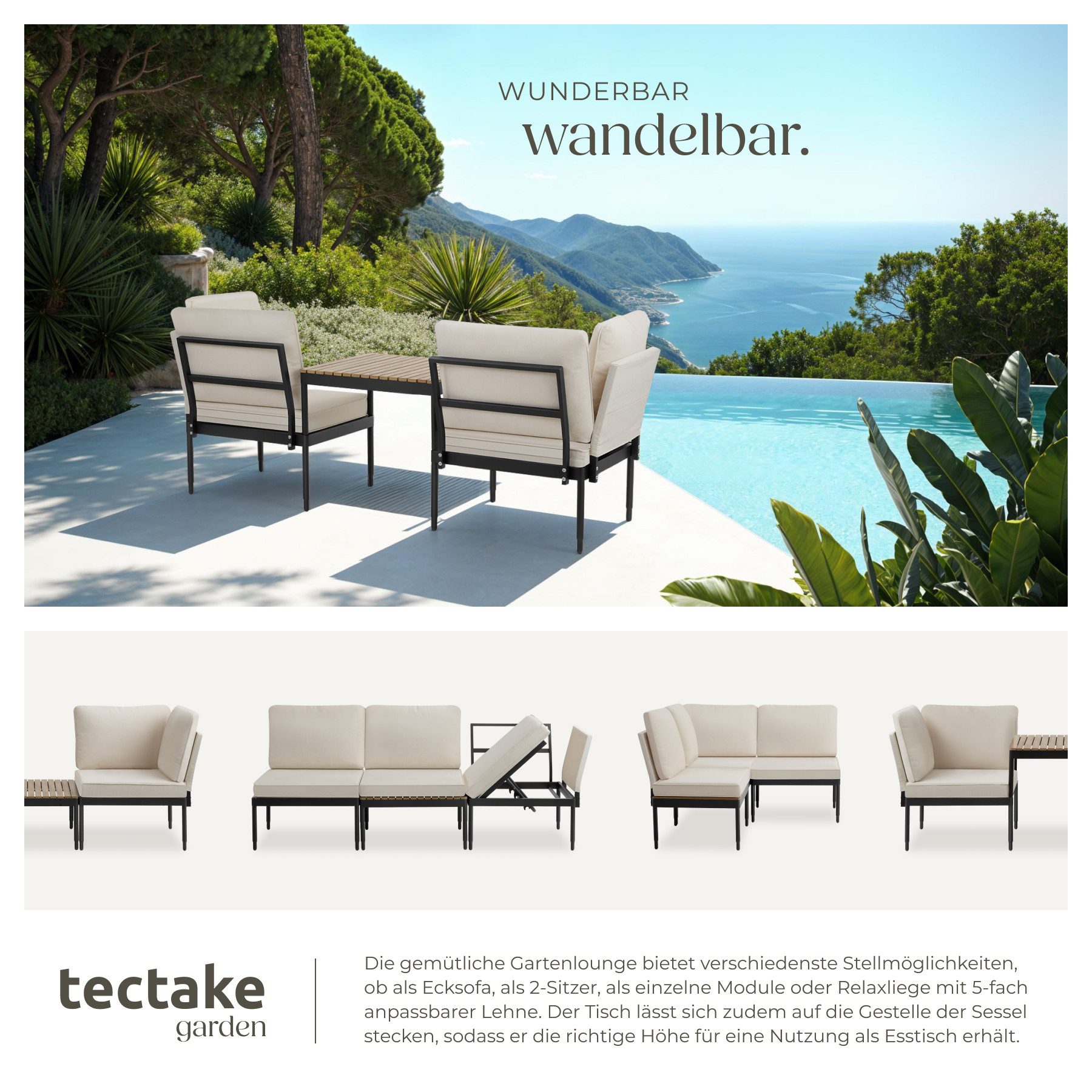 tectake Gartenlounge-Set Aluminium-Outdoor-Lounge, Armlehnen mit Seitentaschen, stapelbar, (Garten-Sitzgruppe Magaluf, 3-tlg., in anthrazit/grau), Wetterfest, w – Bild 4 von 5