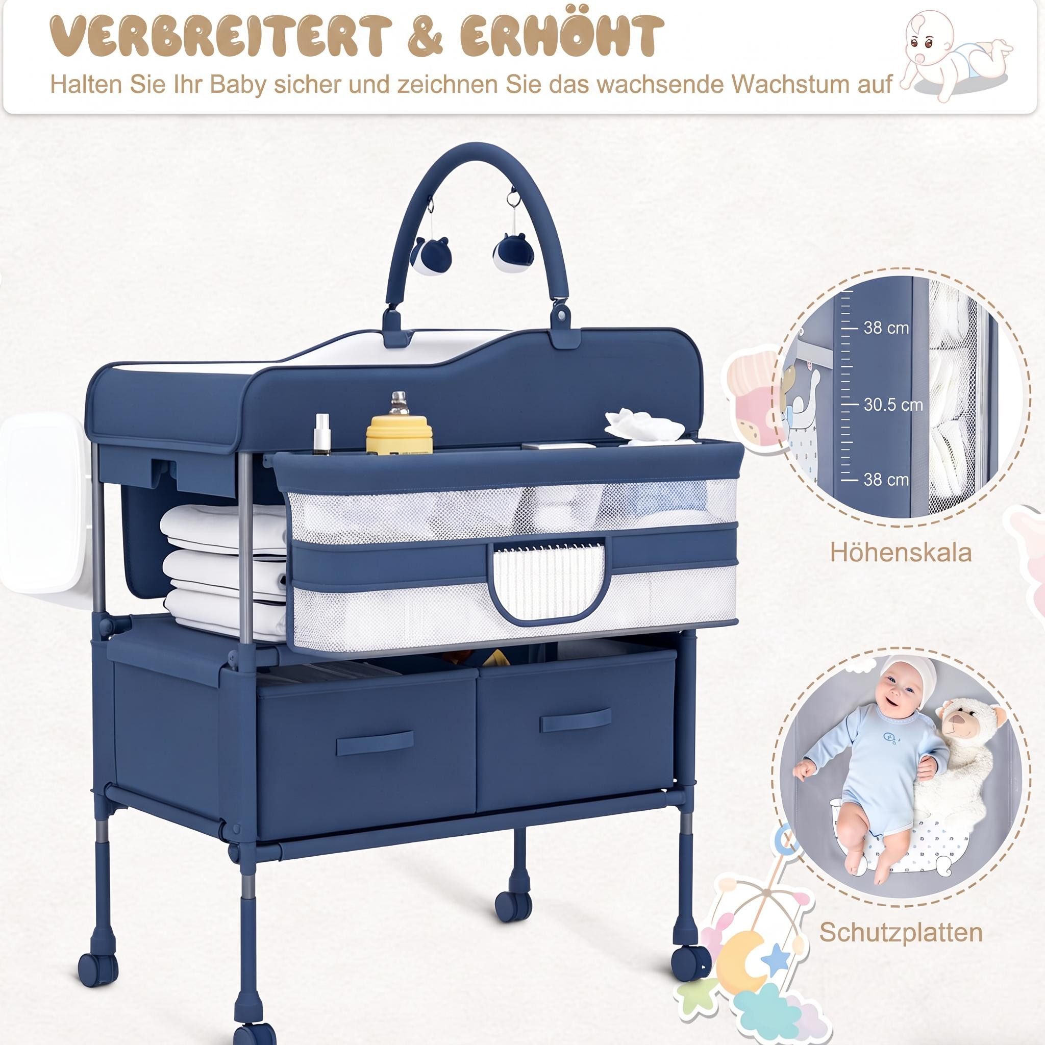 GarveeMore Wickeltisch Höhenverstellbarer Wickeltisch Klappbar, mit Rollen & Schubladen, Platzsparend klappbar, höhenverstellbar (97-105 cm) & mobil – Bild 4 von 5