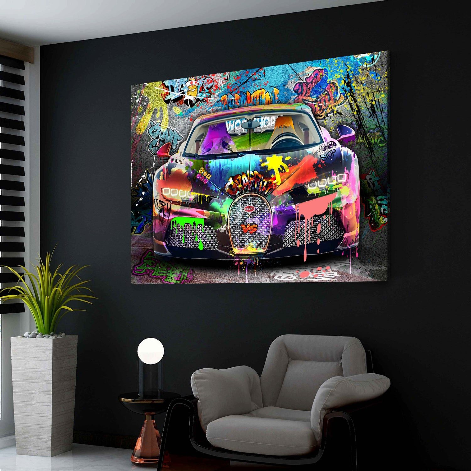 Artedinoi Leinwandbild Bugatti Auto Graffiti Sportwagen Pop Art mit Farbenexplosion Leinwandb, Sportwagen im Graffiti-Look