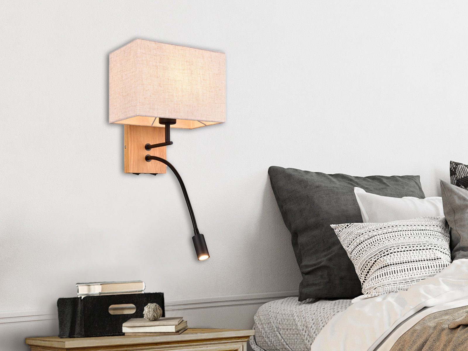 Wandleuchte, wechselbar, integriert, skandinavisch H LED Holz-lampe Leselampe Lesearm, 30cm Nachttisch Schalter mit LED LED meineWunschleuchte warmweiß, Bett fest