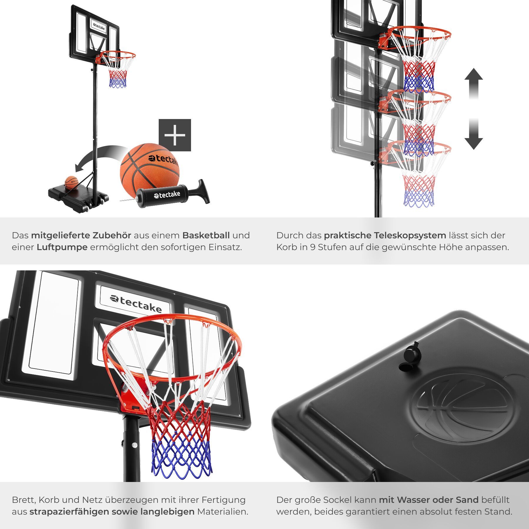 tectake Basketballkorb Basketballanlage Dirk, Korbhöhe 230 - 305 cm, mit Ball & Pumpe (Komplettset, Korbanlage inkl. Basketball, Luftpumpe und 2 Netze), Basketballanlage mit höhenverstellbaren Korb