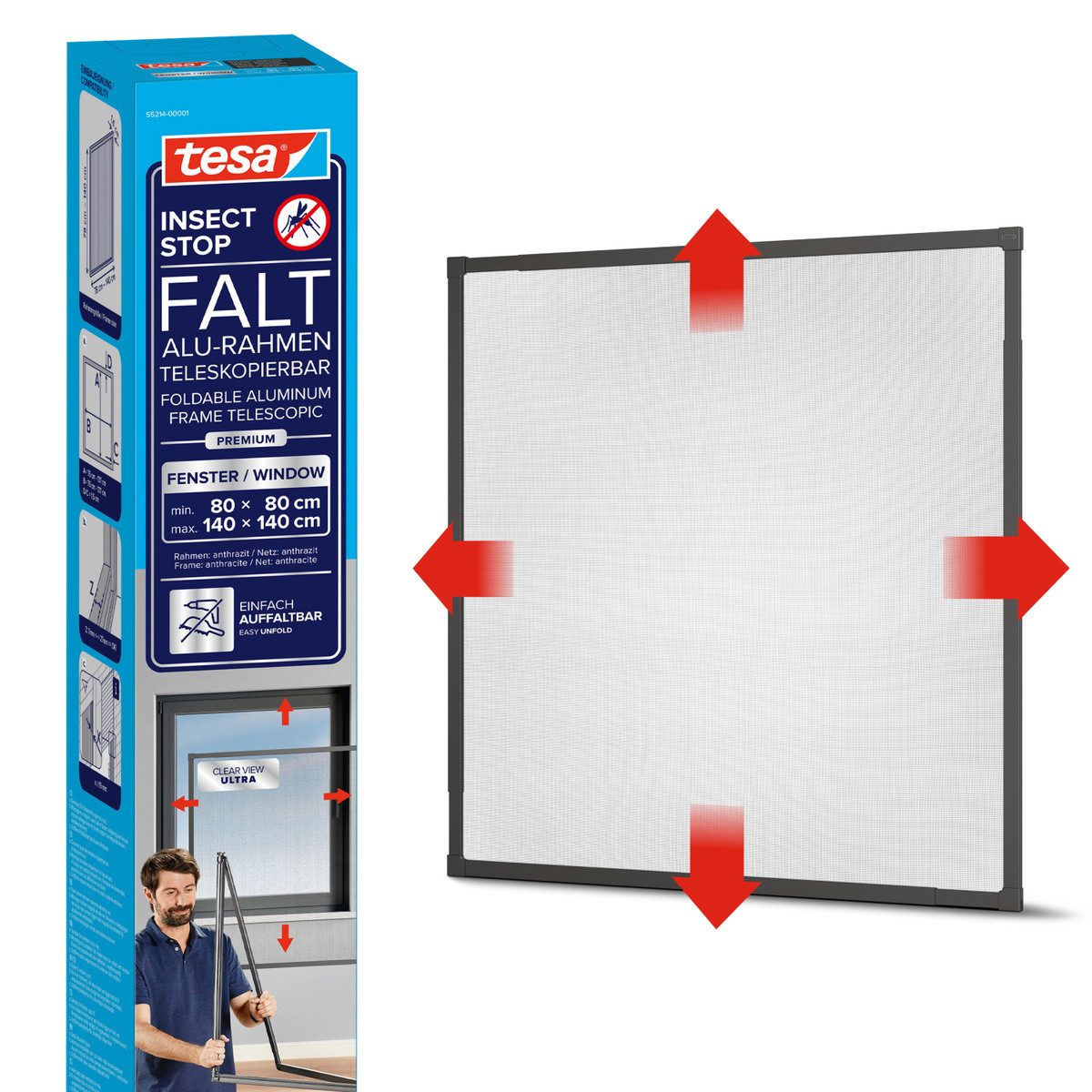 tesa Insektenschutz-Fensterrahmen FALT Alu Rahmen teleskopierbar Premium, (Packung, 1-St., Teleskop Alu Rahmen), Alu Insektenschutz 80 cm x 80 cm bis 140 cm x 140 cm
