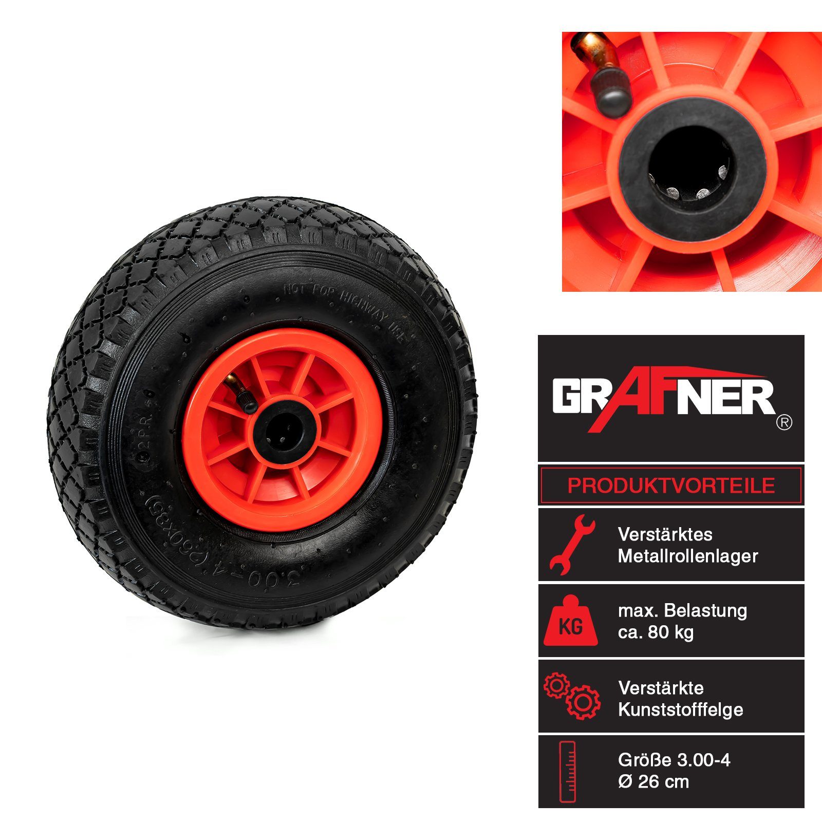 Grafner Schubkarren-Rad 2er Set Sackkarren/Bollerwagenrad 3.00-4 PU Luftbereifung Felge, Durchmesser: 250 mm