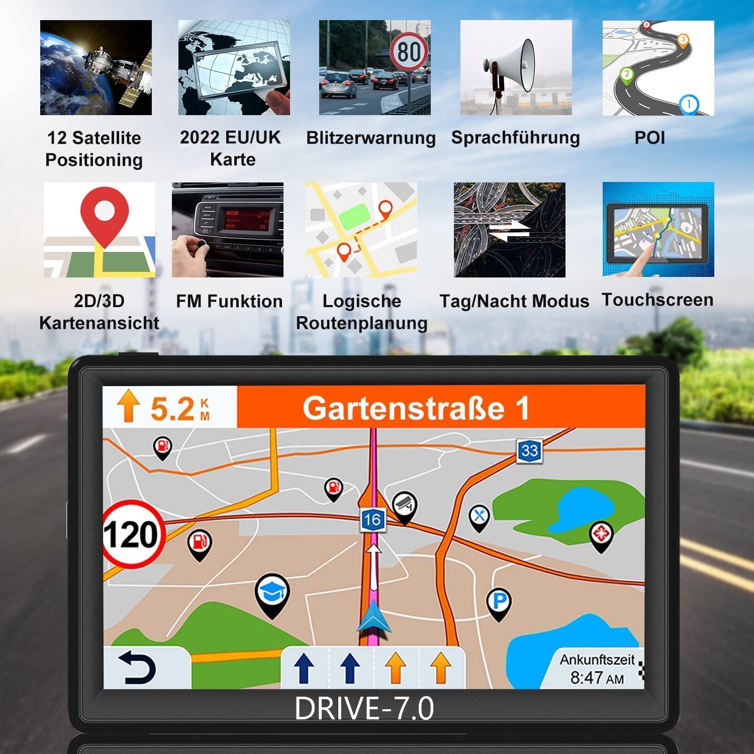 GABITECH 7 Zoll GPS Navigationssysteme Drive-7.0 (Europa) LKW, Navi PKW, LKW-Navigationsgerät WOHNMOBIL für