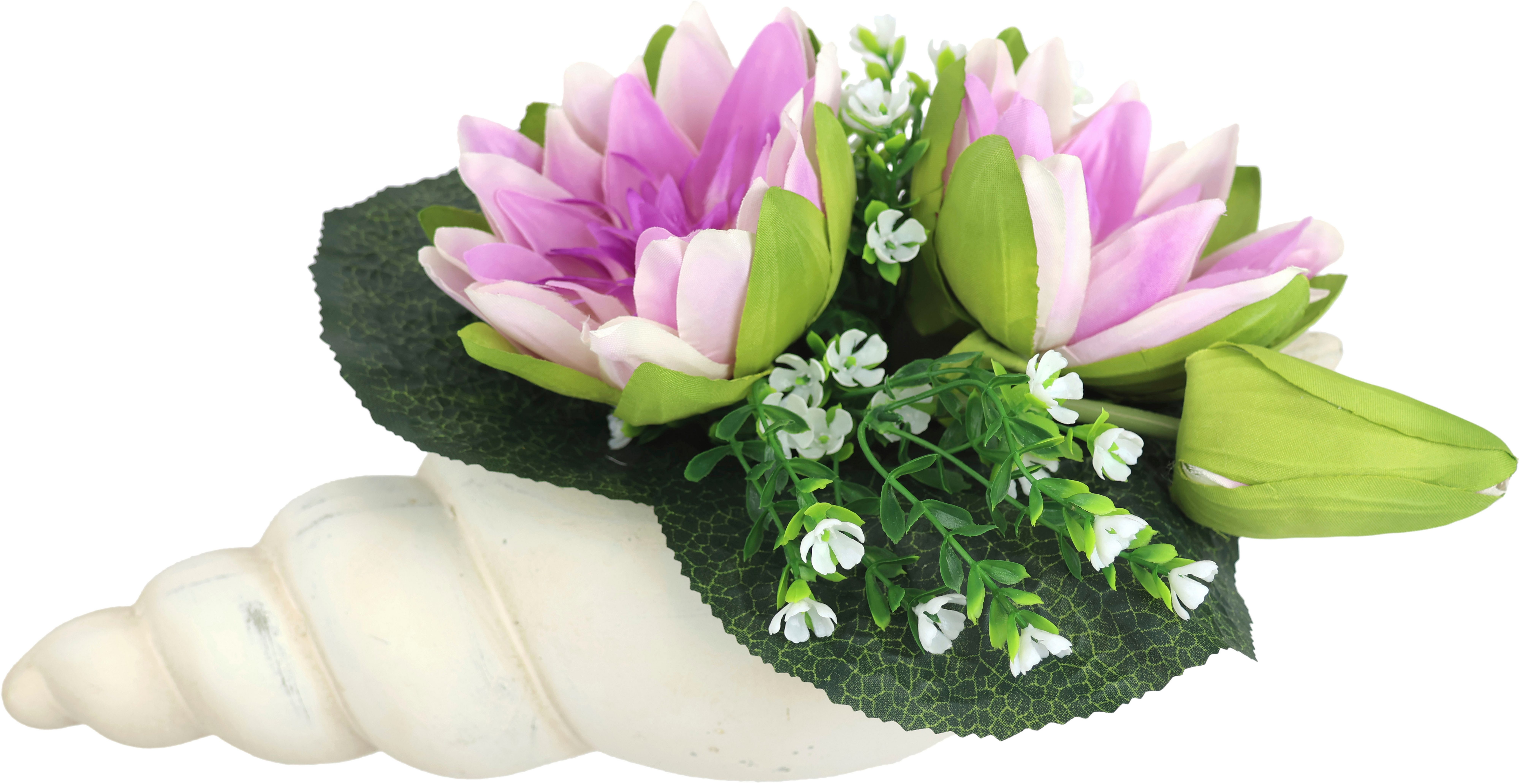Kunstblume Lotus in Muschel-Topf, I.GE.A., Höhe 17 cm, Künstliche Seerosen-Arrangement in Muschel - Wasserlilien mit Blüten – Bild 3 von 5
