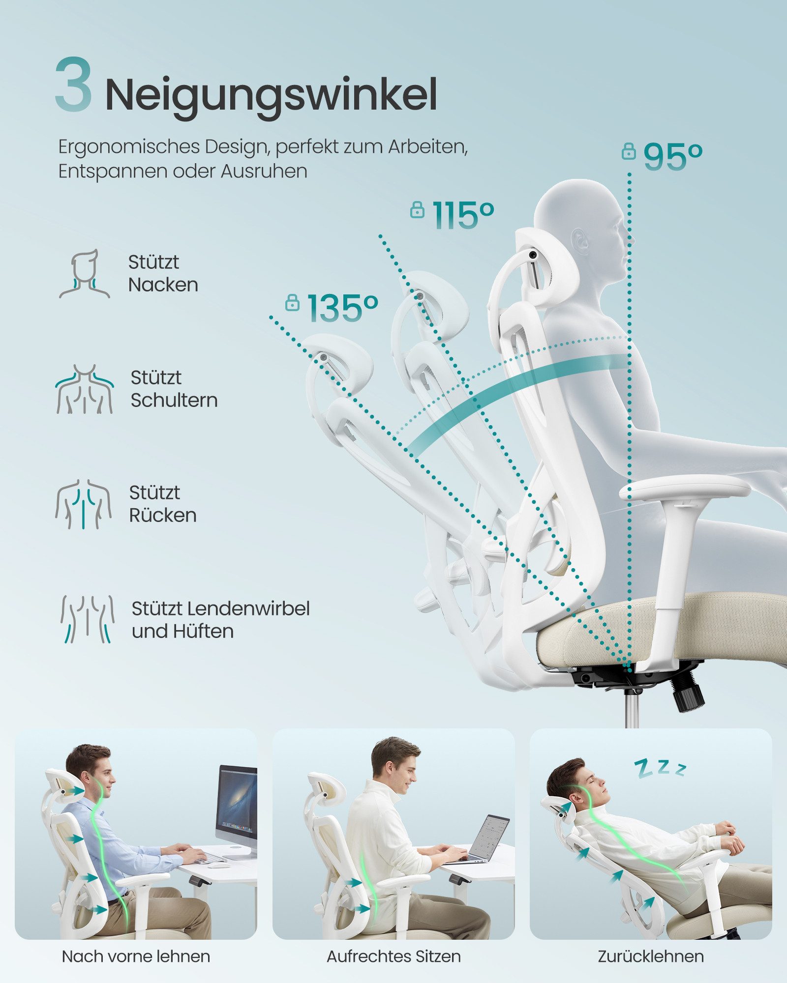 SONGMICS Bürostuhl ergonomischer Schreibtischstuhl, Computerstuhl, 70 x 70 x (115-125) cm, verstellbare Lendenstütze und Kopfstütze, bis 150 kg belastbar, beige
