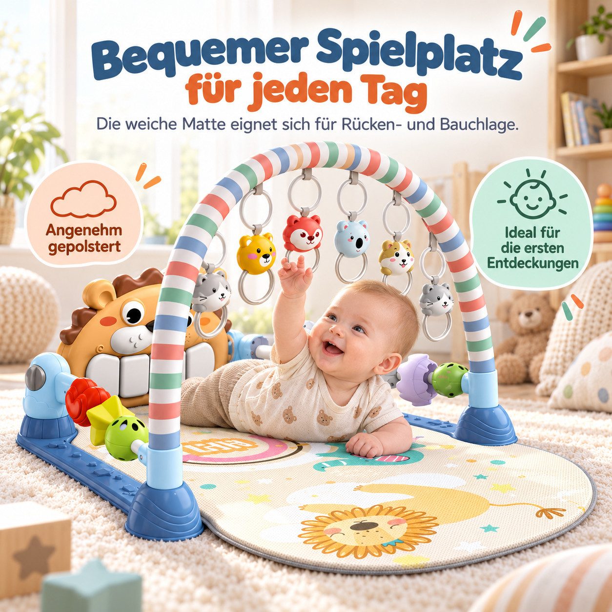 Fyrove Spielmatte Baby Spielmatte mit Spielbogen, Tretklavier, Musik und Licht (Schutzbügel, Rasseln und Greifringen, verstellbares Klavier, Aktivitätscenter fü – Bild 5 von 5