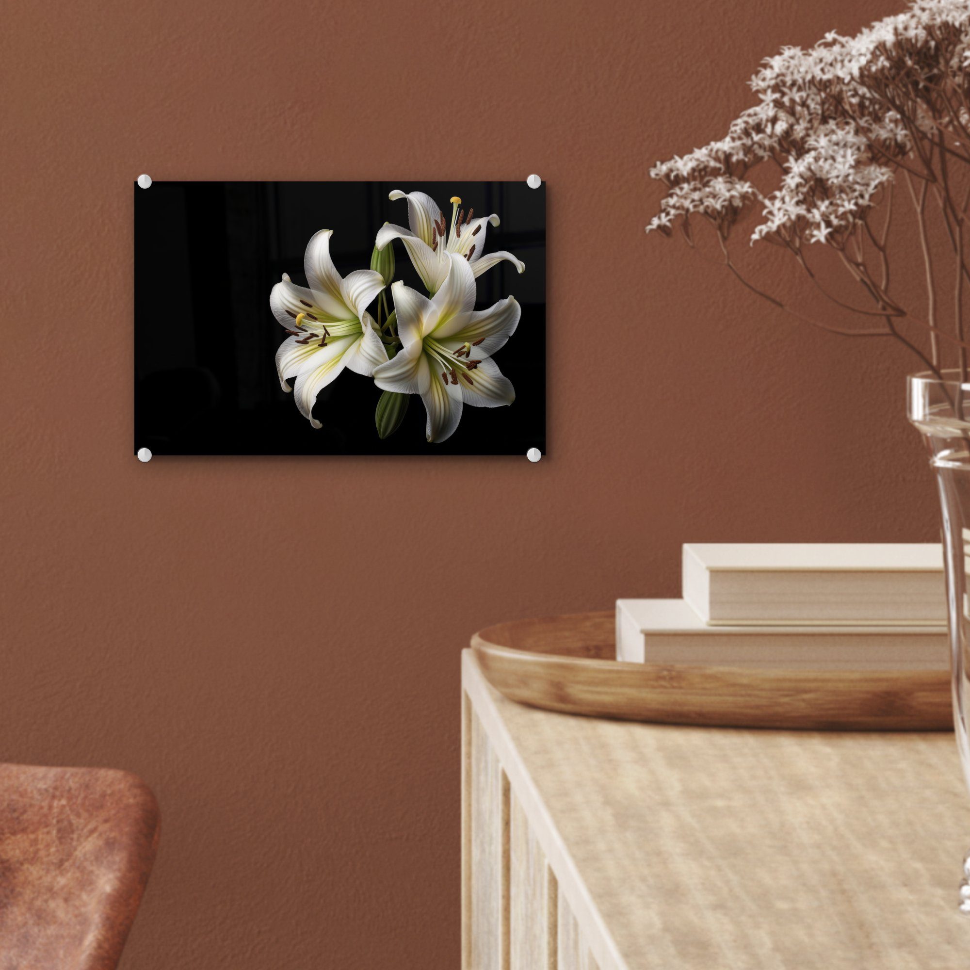 Wandbild Glas - Acrylglasbild auf Lilie Weiß - Blumen - - Foto MuchoWow Wanddekoration - Natur St), Bilder Glas Glasbilder auf Botanisch, - - (1
