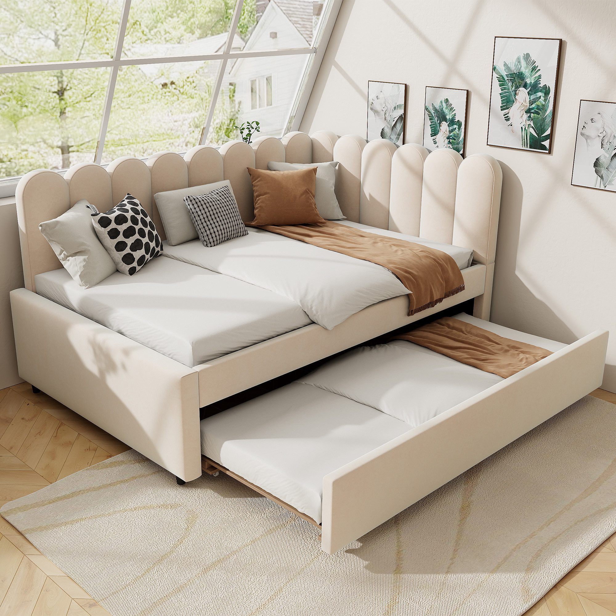 Flieks Daybett, Polsterbett Schlafsofa Tagesbett 140x200cm mit Ausziehbett 90x190cm