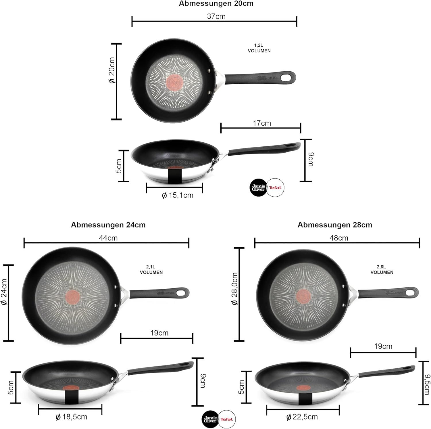 Tefal Pfannen-Set Jamie Oliver E76 Pfannenset 20, 24, 28cm +Deckel 28cm, Edelstahl 18/10 (Pfannen + 1 Wender & Schoner Antihaftbeschichtet Pfannenset mit Deckel), Antihaftbeschichtet