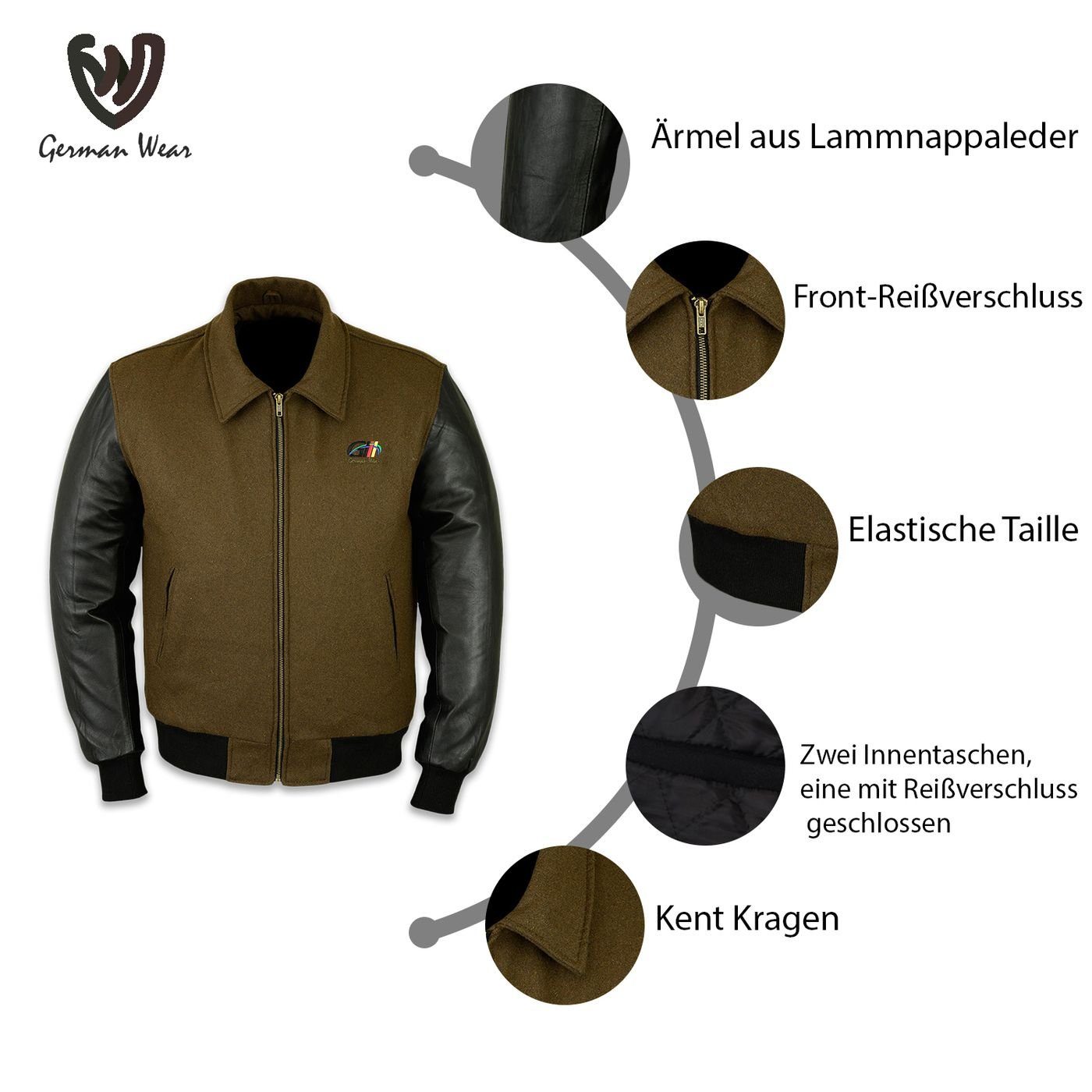 German Wear Collegejacke Lederärmeln Collegejacke Khaki CJ001 mit Wolljacke