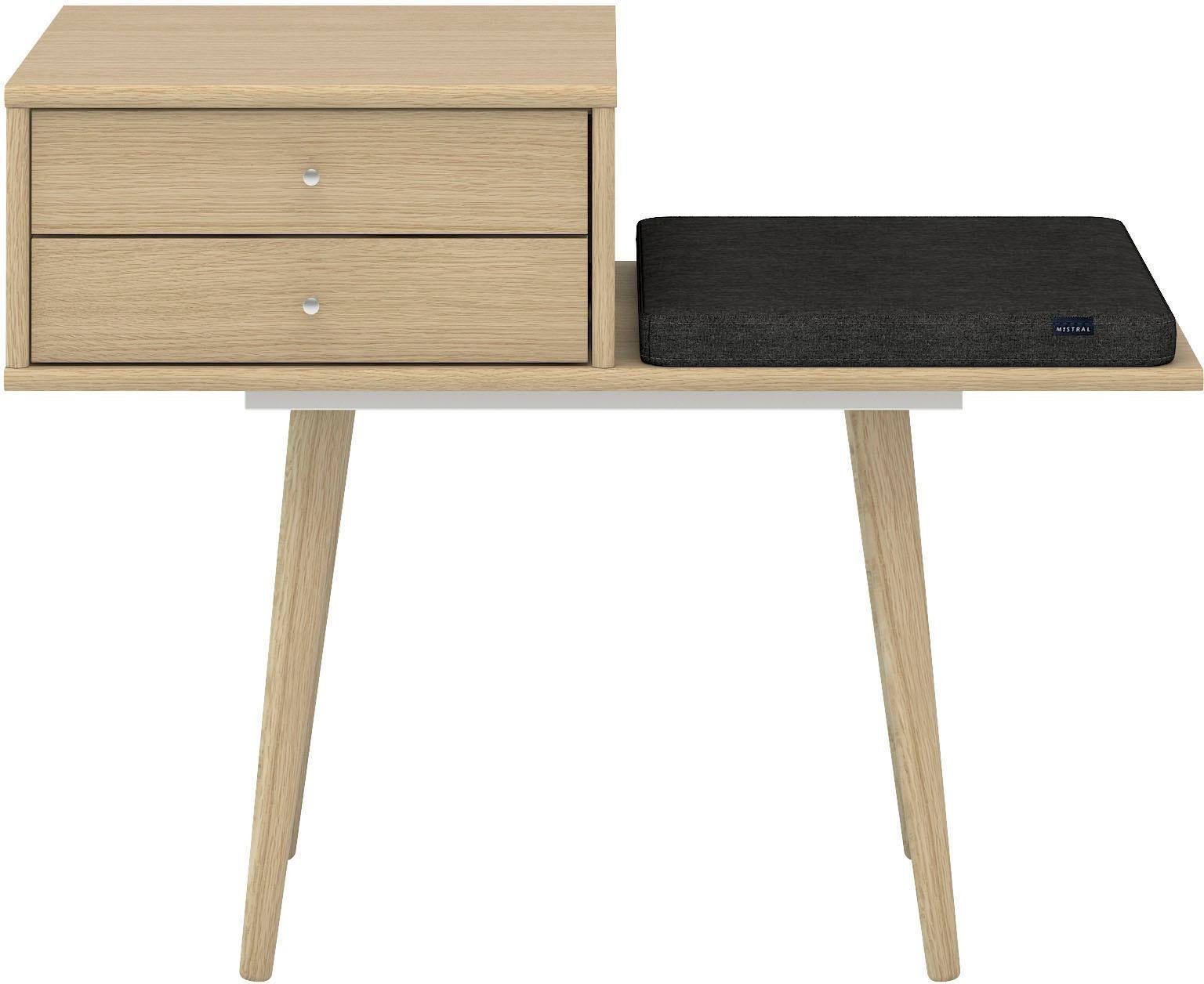 Hammel Furniture Sitzbank Mistral Sitzhocker, Aufbewahrungsbank, Eingang Flur Foyer, mit zwei Schubladen und einem Sitzkissen, Holzbeine, Breite: 89 cm Eiche weiß pigmentiert