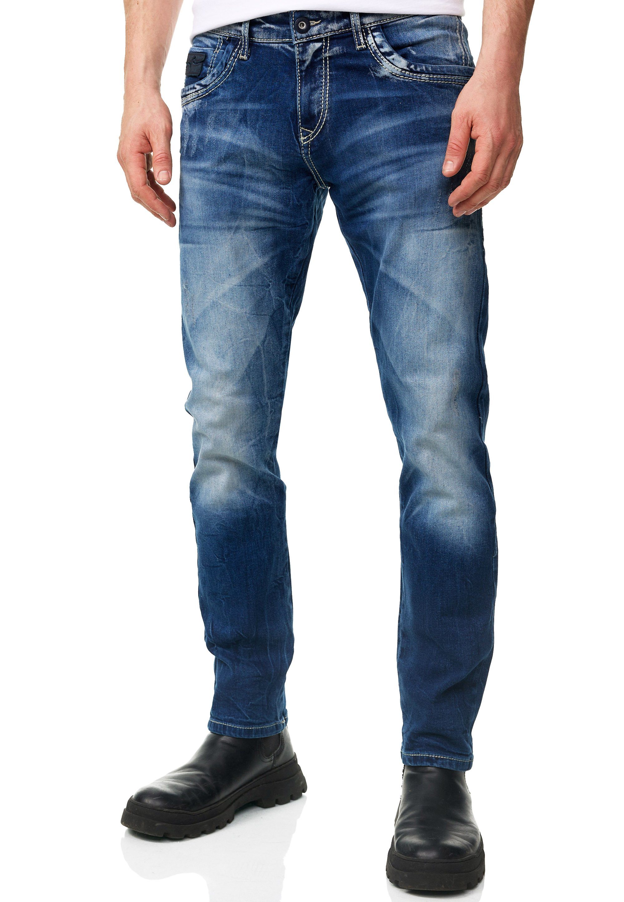 Nähten abgesetzten Neal YAMATO farblich mit dunkelblau Straight-Jeans Rusty