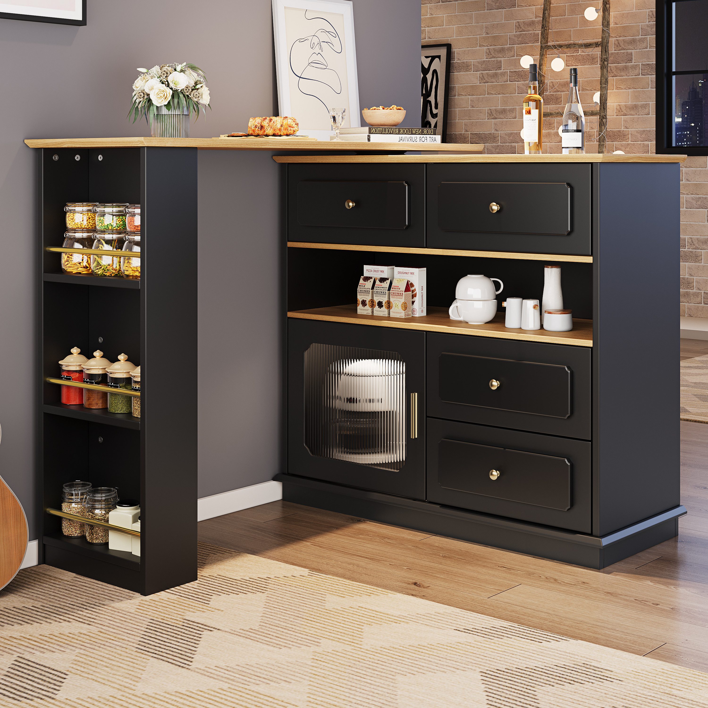 HAUSS SPOLE Bartisch 360° drehbare Essbar mit Stauraum Kücheninsel mit Regalen und Glas (360° Drehbarer Ausziehbarer Bartisch mit Stauraum und Schubladen – Moderner Hochtisch mit Regalen für Küche, Wohnzimmer & Büro., 125-181×39×104.5cm), 4 Schubladen