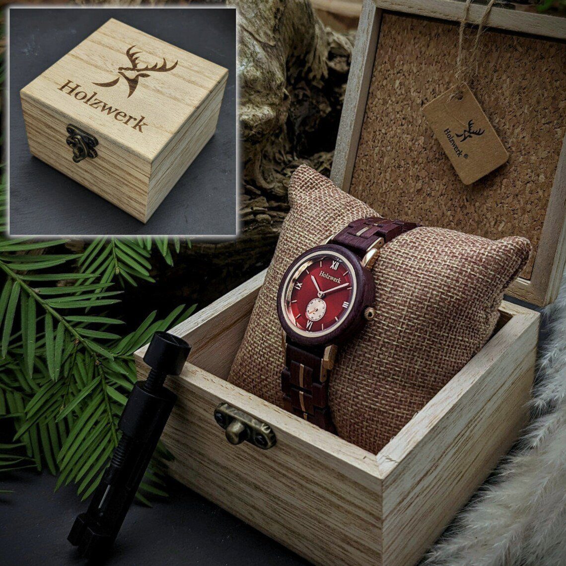 BURSCHEID Holz Quarzuhr Holzwerk kleine & braun, Uhr Damen gold Armband rot lila rose in