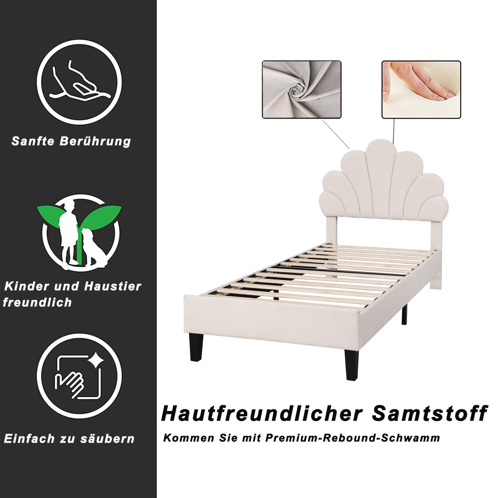PXloue Polsterbett Einzelbett Kinderbett (Ideal für ein Märchenhaftes Kinderzimmer), Kopfteil in Blumenform,mit Lattenrost und Metallbeinen,90x200cm – Bild 4 von 5