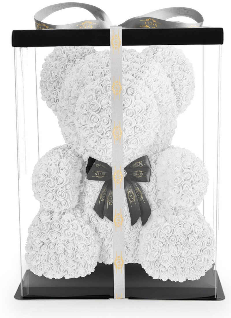 Kunstblume NADIR Rosenbär 70 cm mit Schleife / inklusive vorverpackter Geschenkbox/ Valentinstag Muttertag Geburtstag Jahrestag Infinity Rosebear Bär aus Rosen Flower Teddy Teddybär Blütenbär Künstliche Pflanze, NADIR