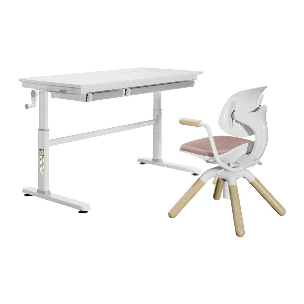 HOKO Kinderschreibtisch höhenverstellbar 54-76 cm, ergonomischer Schreibtisch (für Kinder & Jugendliche, 120x60 cm, neigbare Tischplatte mit Schubladen, stabil & belastbar bis 100 kg, Weiß, Holzfarben)
