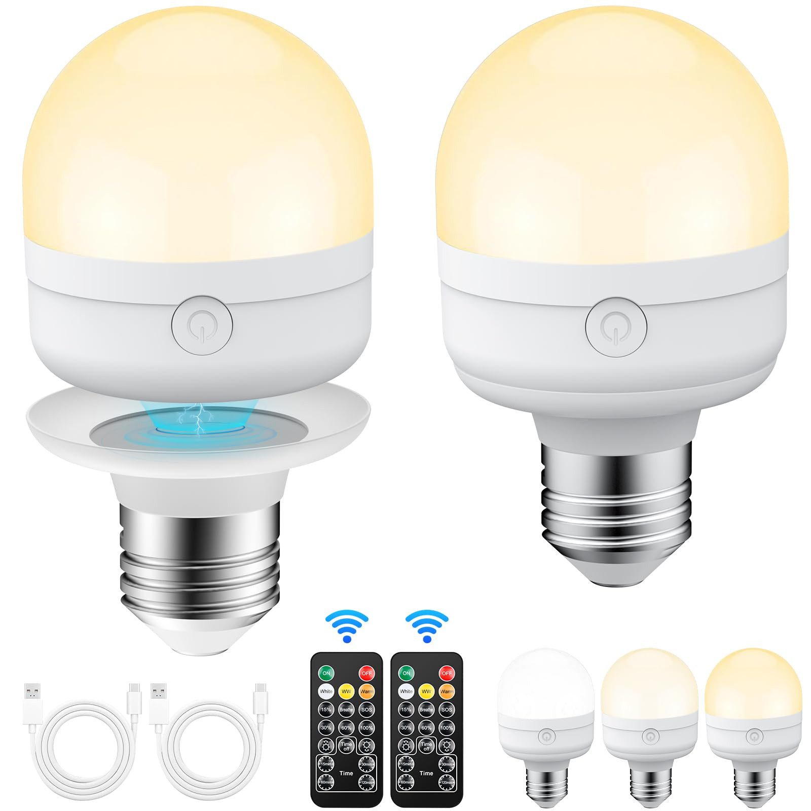 AIBISTAR LED-Leuchtmittel LED-Leuchtmittel Glühbirne mit Fernbedienung, 3 Farben, E27/E26, USB, E27, 2 St., Wärmeleuchten Natürliches Licht Weißlicht, Fernbedienung,Magnetischer Sockel (E27 abnehmbar)