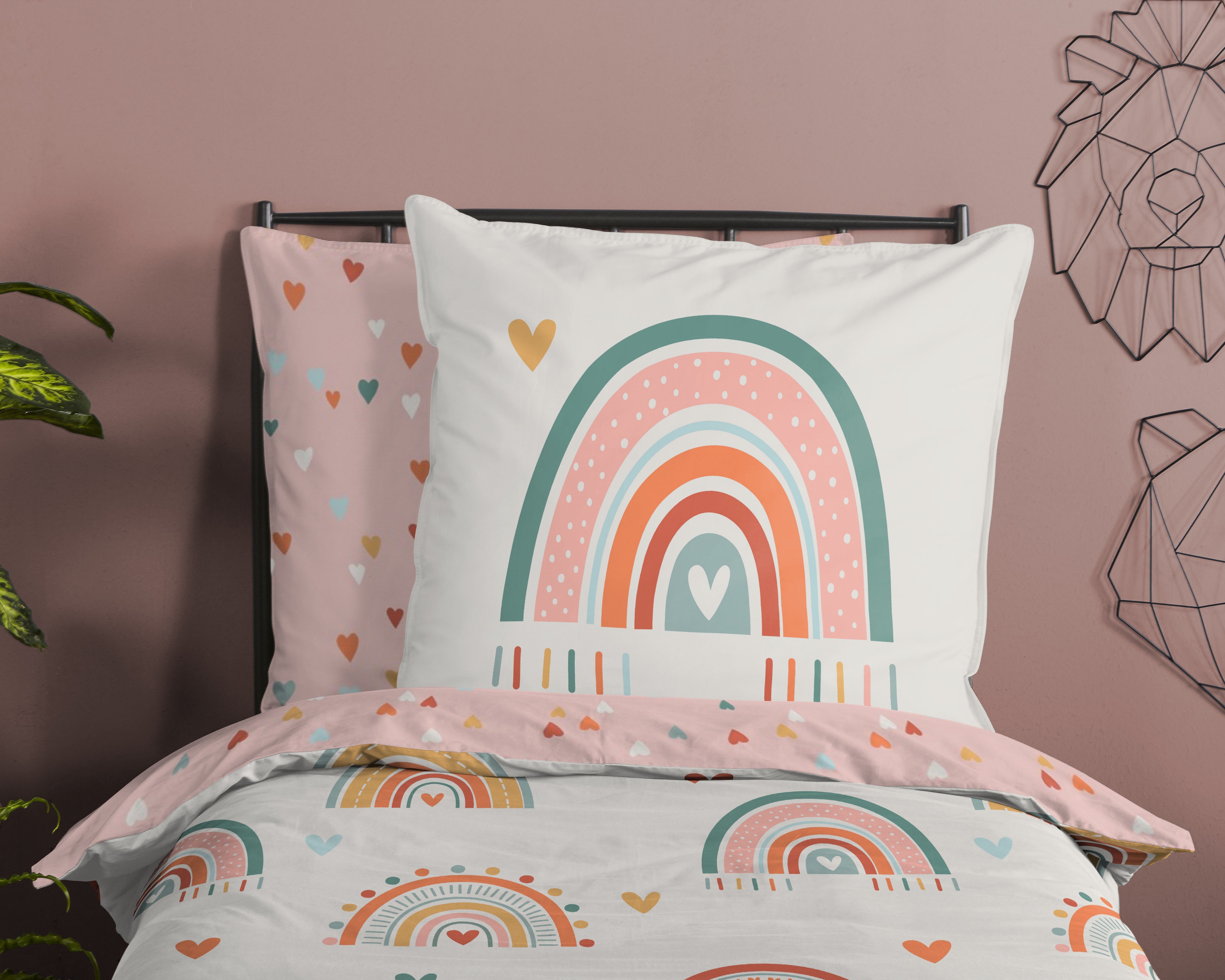 good morning Kinderbettwäsche Louie, Renforcé, 2 teilig, Baumwolle, Renforcé, Wendeoptik, Baby, Kind, Mädchen, Regenbogen, Rosa – Bild 3 von 4