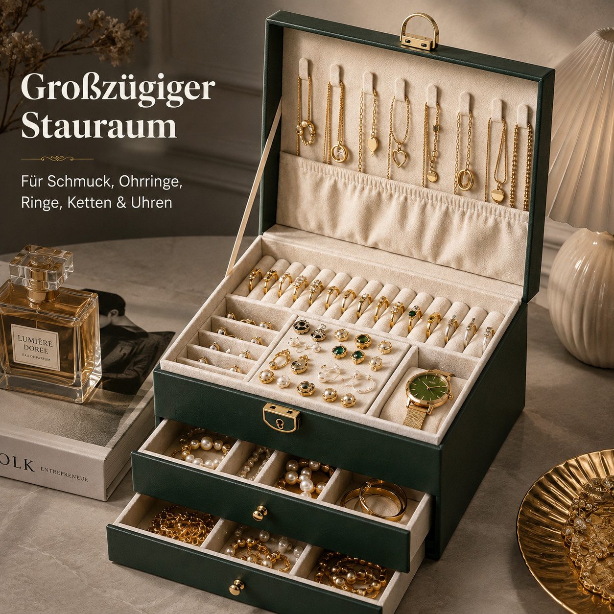 Luckice Schmuckkasten Schmuckschatulle Schmuckorganizer Schmuckaufbewahrung (Schmuckkästchen mit Fächern Reissschmuckbox Ausgestattet mit einem Privatsphäre-Schloss und Schlüssel Ein neuer beweglicher Raum wurde hinzugefügt, um größere Souvenirs zu lagern Ohrringe, Armbänder, Halsketten, Uhren, Schmuckaufbewahrungsboxen, Geschenkboxen für Mädchen,Muttertag,Weihnachten,Jubiläen Geschenke)