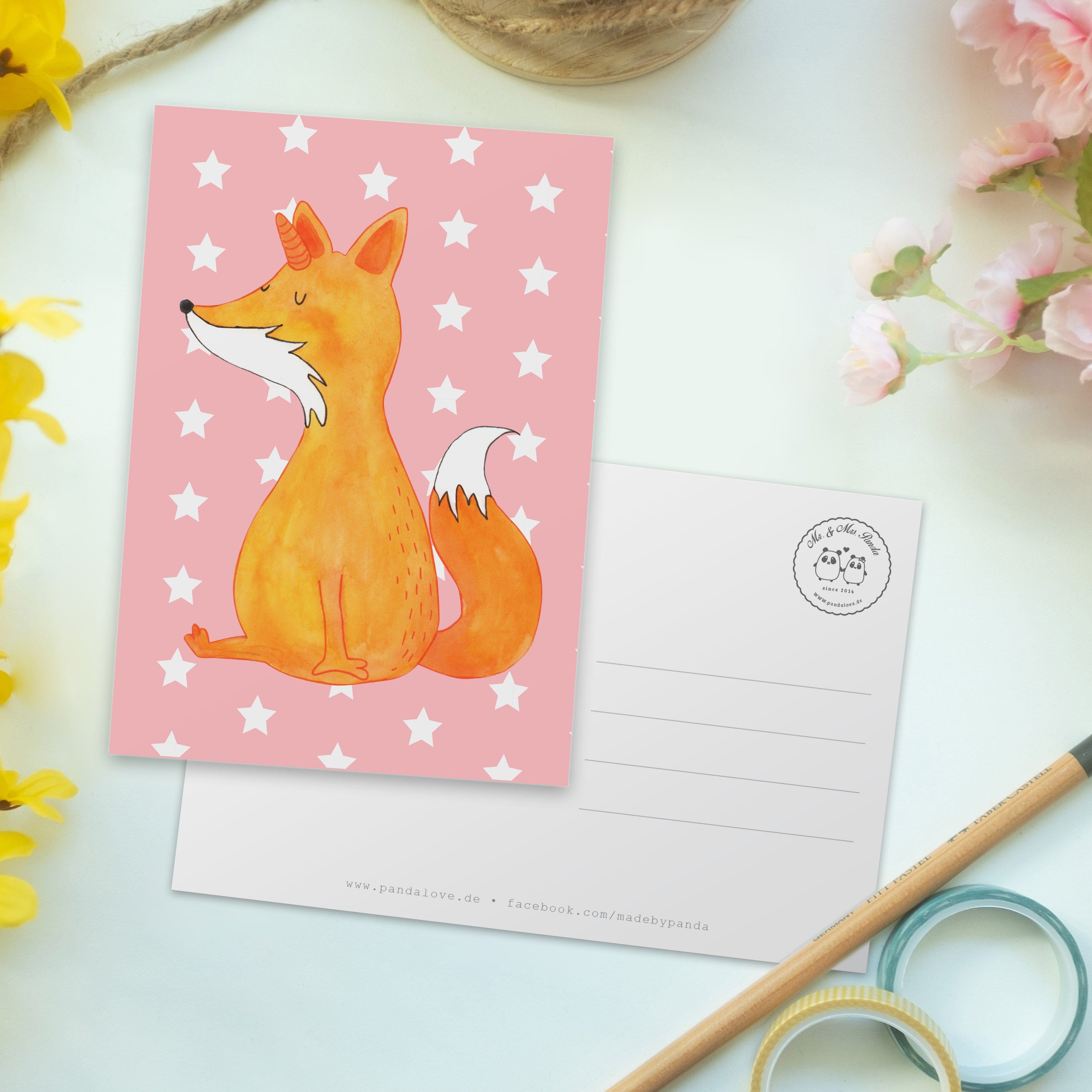 Mrs. Geschenkkarte, Postkarte Fuchshörnchen - Mr. Panda Pastell - Grußkar & Rot Wunsch Geschenk,