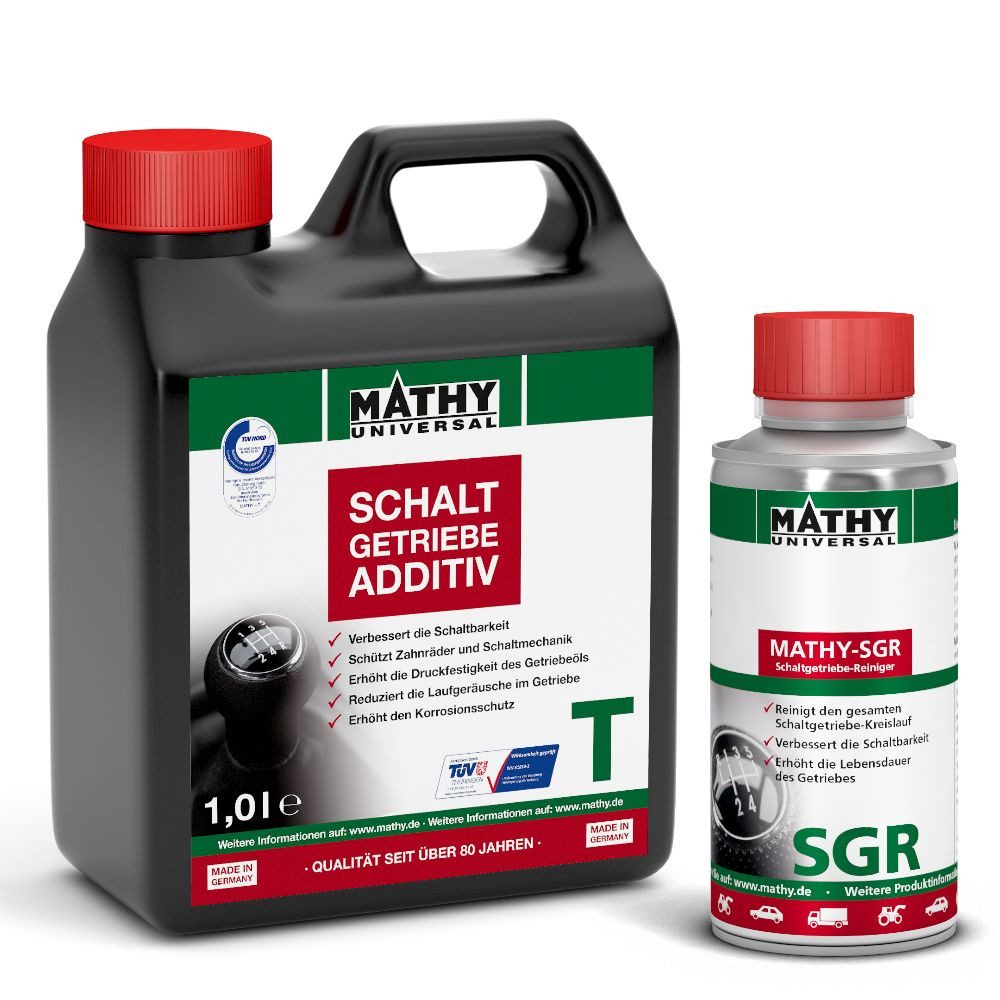 MATHY Getriebezusatz Schaltgetriebeöl-Reinigungsset Plus 1,0 l + 150 ml, 1,5 l, (2-St) Schaltgetriebereiniger:Öle mineralischer,teil-&vollsynthetischer Basis