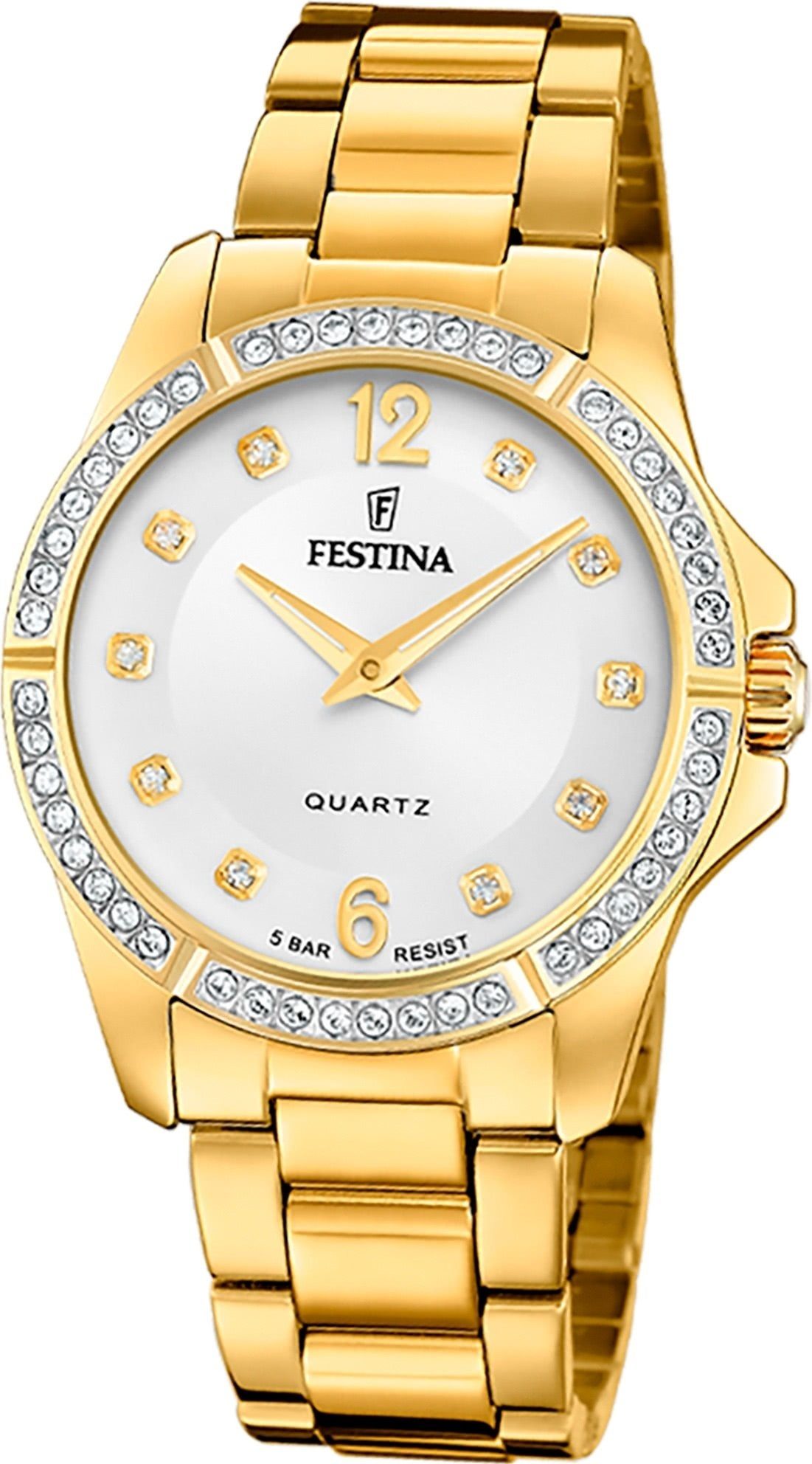 Festina Quarzuhr Festina Damenuhr Mademoiselle, (Analoguhr), Damen Armbanduhr rund, Edelstahlarmband gold, Fashion