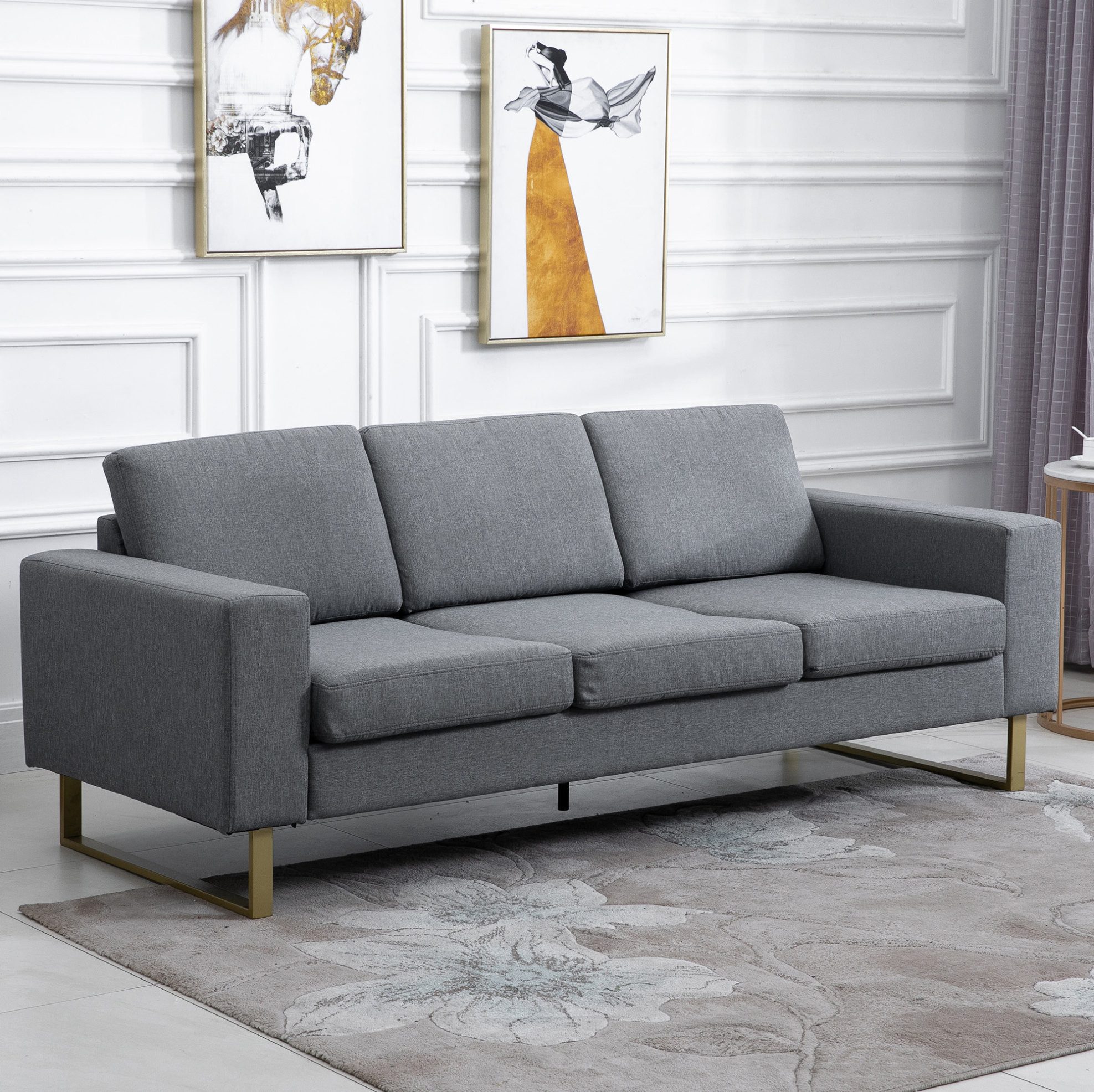 OKWISH Schlafsofa 3‑Sitzer Polstersofa in Dunkelgrau mit Leinenoptik, 200x82x78 cm, Stoffsofa mit Armlehnen & Kissen für Wohnzimmer & TV-Bereich 1 Teile, Bequemes Sitzmöbel für den täglichen Familiengebrauch
