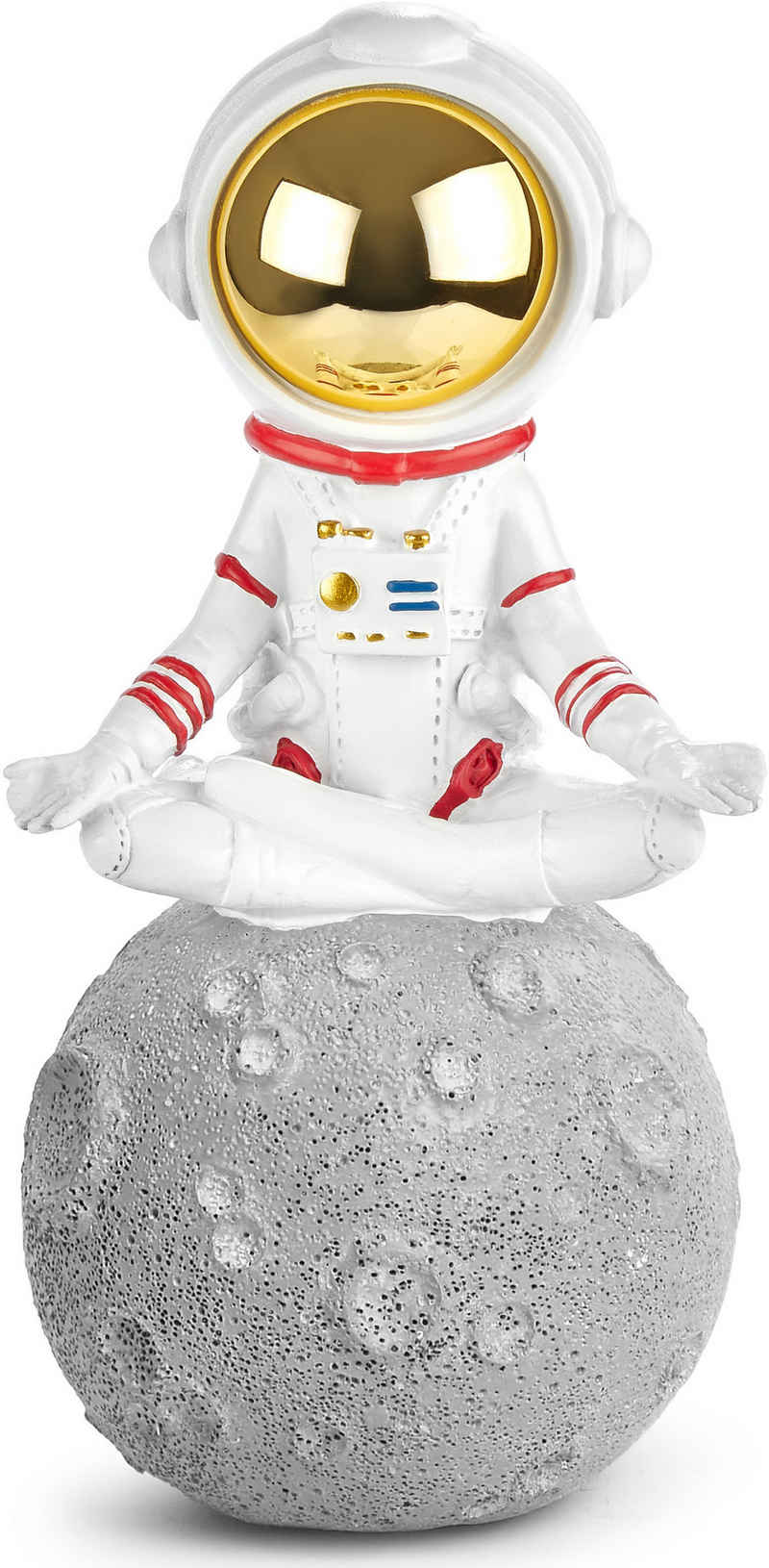 BRUBAKER Dekofigur Astronaut im Schneidersitz auf dem Mond - 18 cm Weltraum Figur (Dekoration - Grau und Weiß, 1 St., Astronautin Yoga mit verchromtem Helm), Handbemalte moderne Sukhasana Statue - Deko