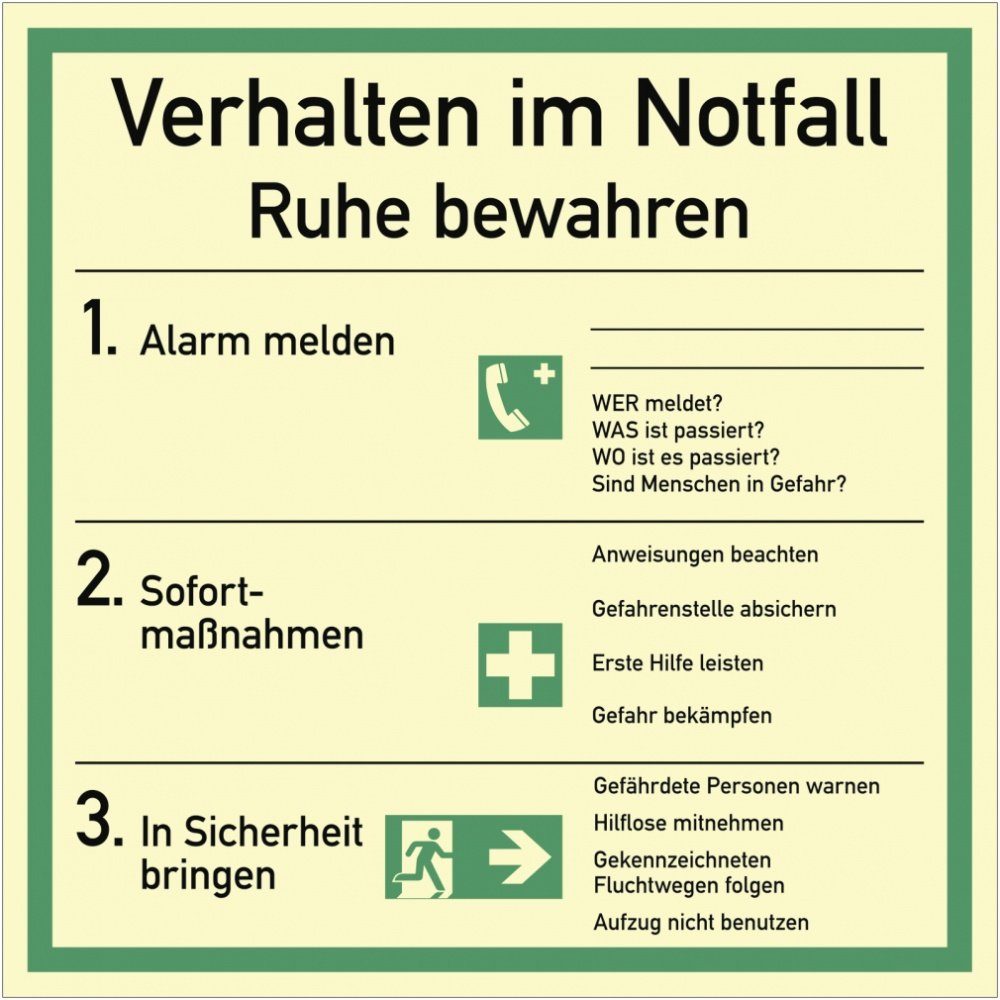 Hinweisschild Verhalten im Notfall, Kombischild, ISO 7010