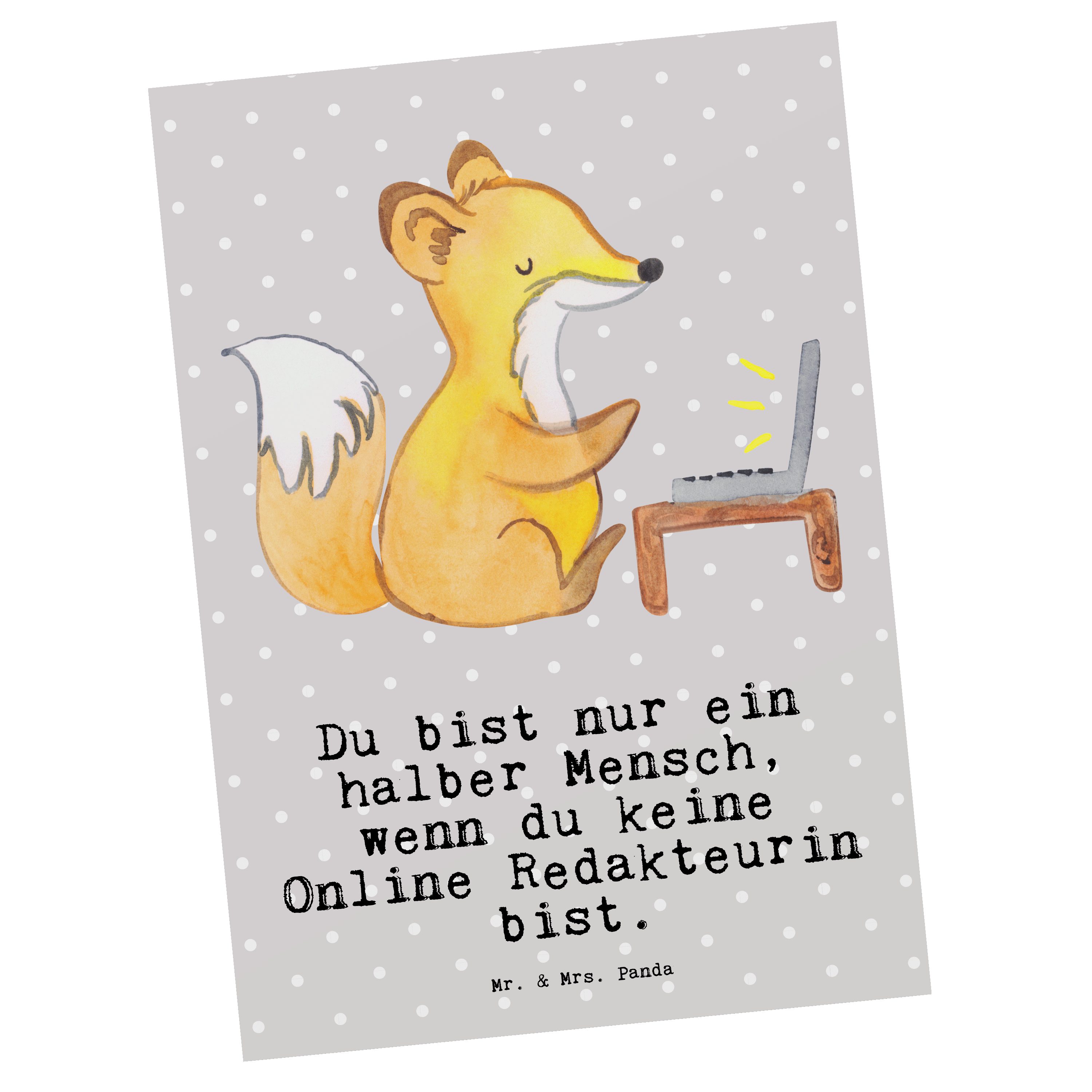 Mr. & Mrs. Panda Postkarte Online Redakteurin mit Herz - Grau Pastell - Geschenk, Einladungskart